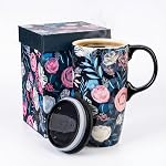 Topadorn 17oz Mug de voyage en céramique avec lis, Boho Feather Café avec poignée, Grande tasse de voyage de céramique, Micro-ondes & Coffre-fort pour lave-vaisselle, boîte cadeau incluse
