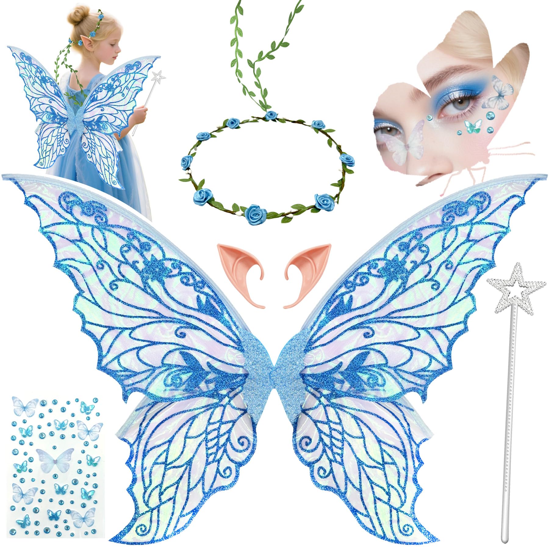 YeahBoom Children's fairy wings, butterfly wings with elf ears, fairy headband and star fairy wands, butterfly wings