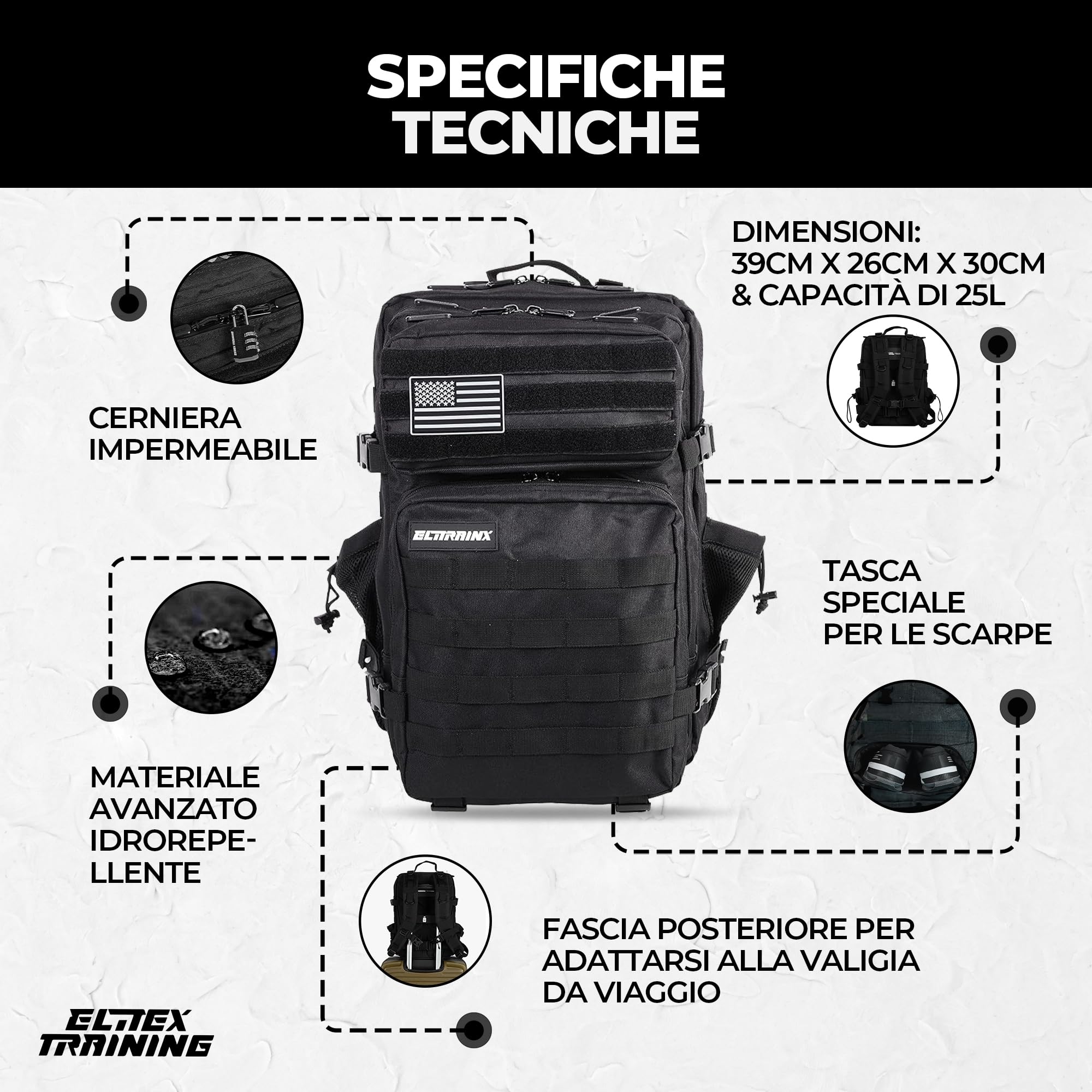 ELITRAINX Zaino tattico militare impermeabile 25 litri per sport, cabina di aereo, palestra, attività all'aperto, cross training di ELITEX TRAINING