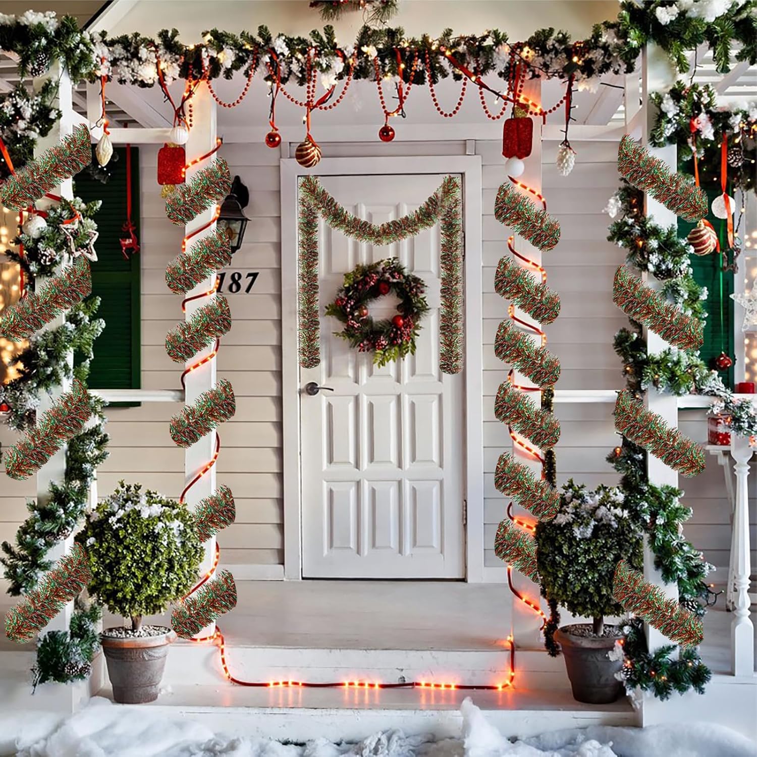 50 Feet Green Red Christmas Metallic Tinsel Twist Hanging Garland for Home Mantle Xmas Tree Staircase Railing New Year Holiday Party Indoor Outdoor Decorations - Image 6