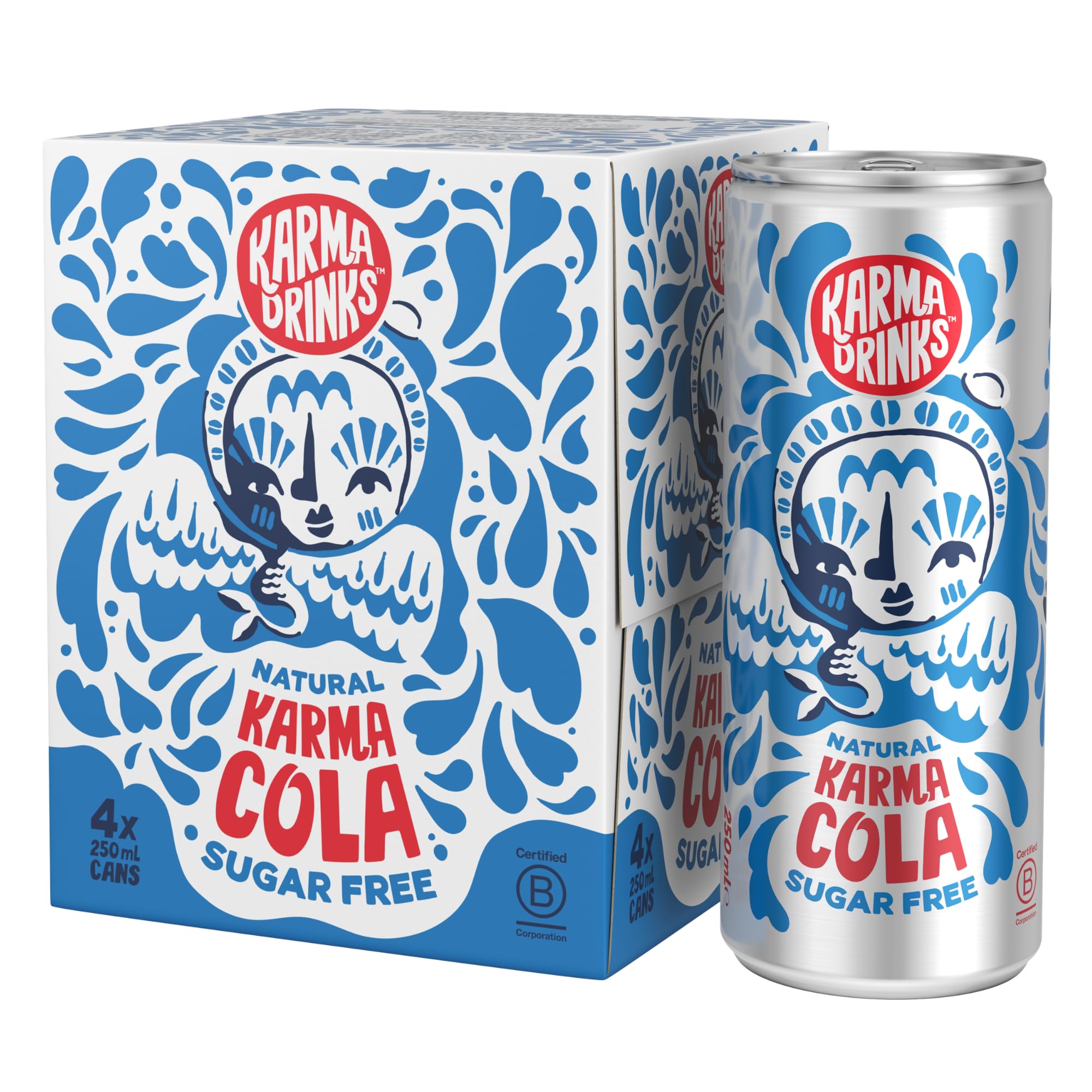Karma Drinks Sugar Free Karma Cola, 4 x 250ml Cans - Natural Fizzy Soft Drink Made with Real Kola Nuts - Fairtrade, Vegan Cola Multipack