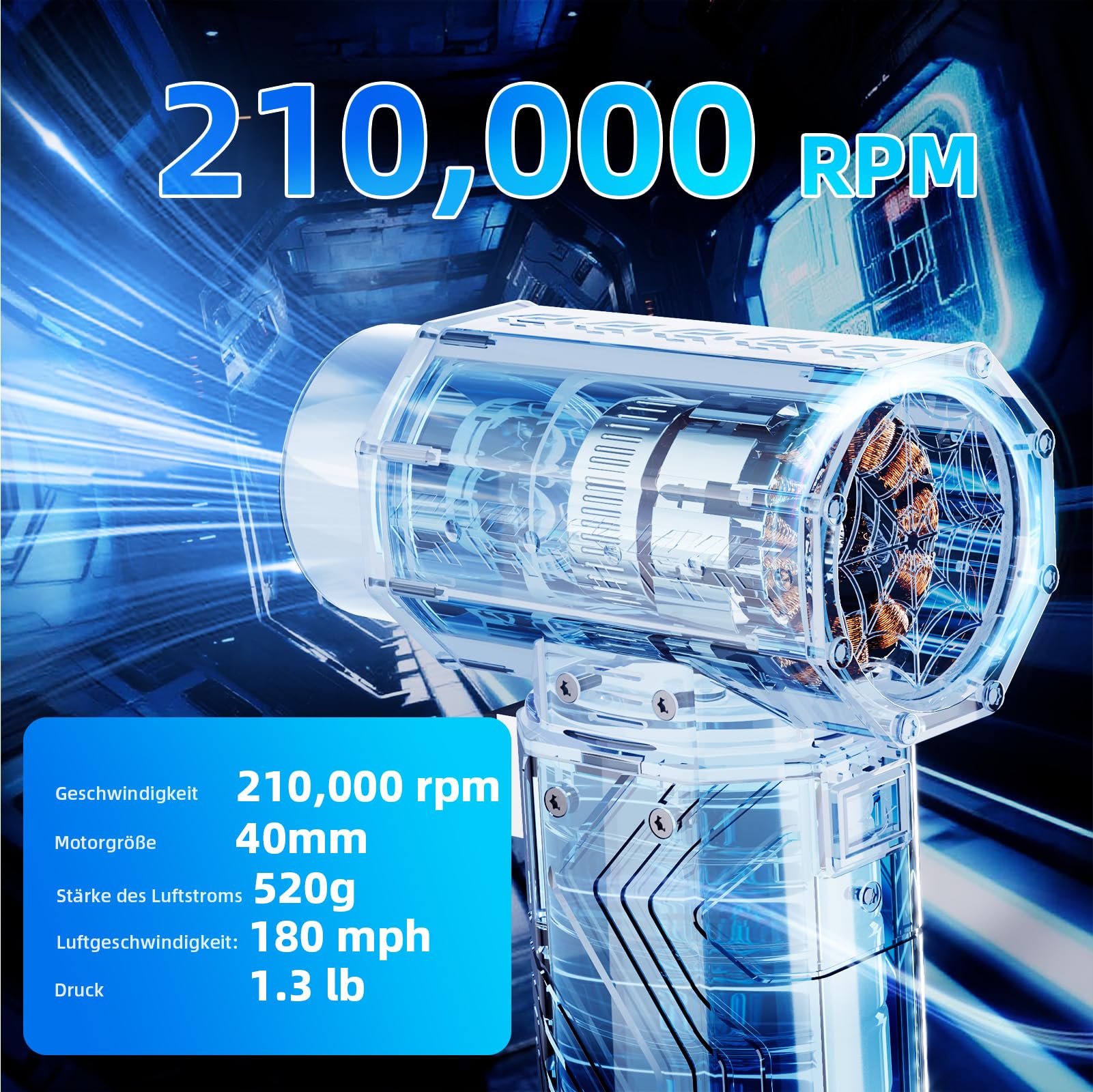 Turbo-Trocknergebläse für Auto, 180 km/h, Autotrockner, Luftgebläse, 400 W, 40 mm bürstenloser Motor, blasen Sie 2 Dosen Cola leicht weg, stufenlos variable Geschwindigkeit für Auto, Zuhause und