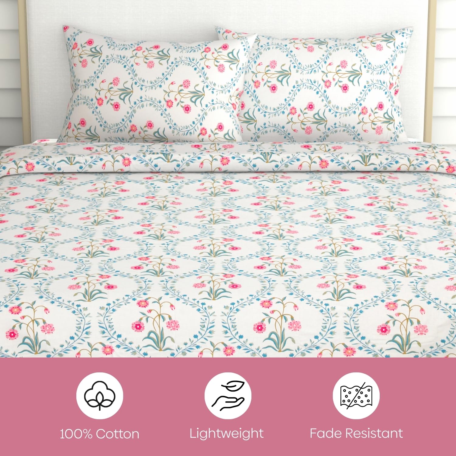haus & kinder Double Bed Floral Bedsheet with 2 Pillow Covers| 90x100 Inches |186 TC Queen Size Cotton Bed Sheet Breathable | Soft | Pink Blossom 3