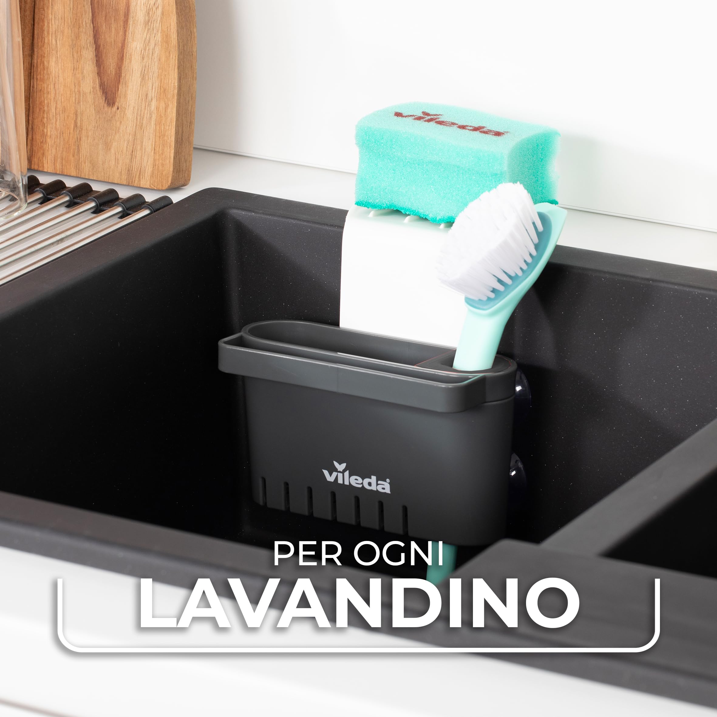 Vileda Portaspugna per Lavello con Ventosa – Organizer Lavandino Senza Foratura per Spugne, Spazzole e Detersivo – Drenaggio Acqua – Grigio Scuro