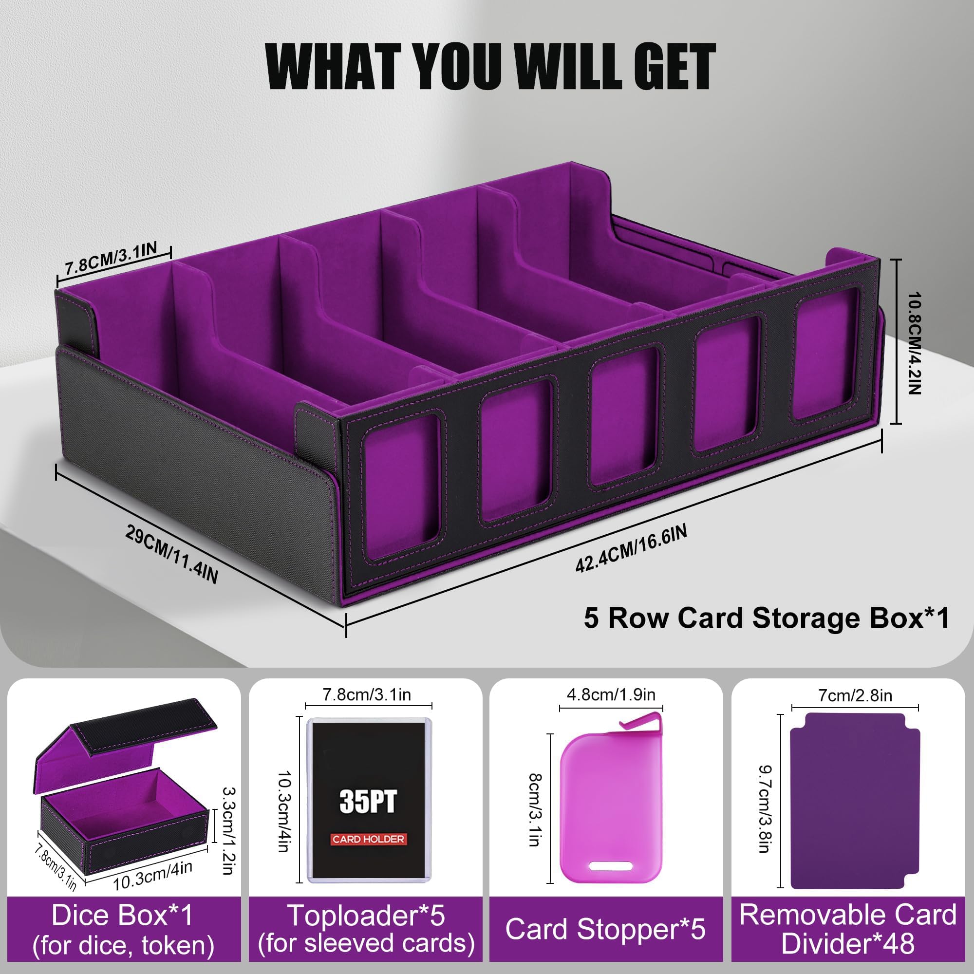 Boîte rangement cartes MTG avec vitrine Commander, 3900+ cartes, deck box 5 compartiments avec couvercle amovible, organiseur TCG PTCG cartes sport, compatible Toploader, 50 séparateurs (Violet)