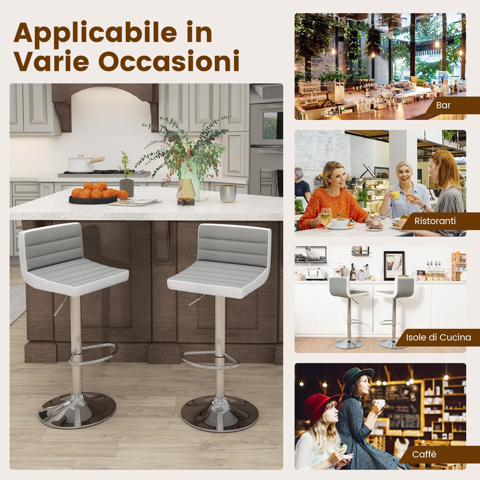 RELAX4LIFE Set di 2/4 Sgabelli da Bar, Sgabelli Regolabili e Girevoli con Base in Metallo Antiscivolo e Poggiapiedi, Sedie da Bar in Pelle PU senza Braccioli per Cucina, Pub, Caffè, Grigio & Bianco