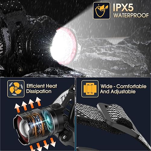 Miniatura 7 de Linterna frontal recargable súper brillante, paquete de 2 lámparas LED de alto lúmenes con sensor de movimiento, 5 modos de luz frontal con zoom