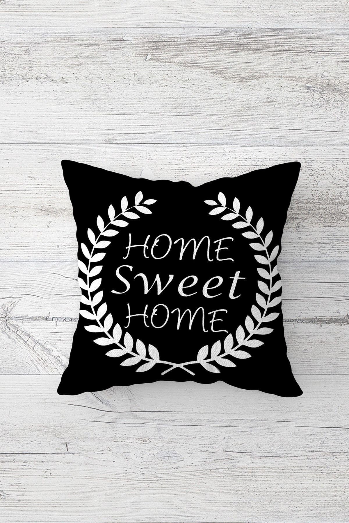 Pelangi Home Sweet Home Ve Sweet Girl Gizli Fermuarlı Kırlent Kılıfı Koltuk Yastık Kılıfı Takım(4adet), Yavruağzı-Siyah 45 x 45