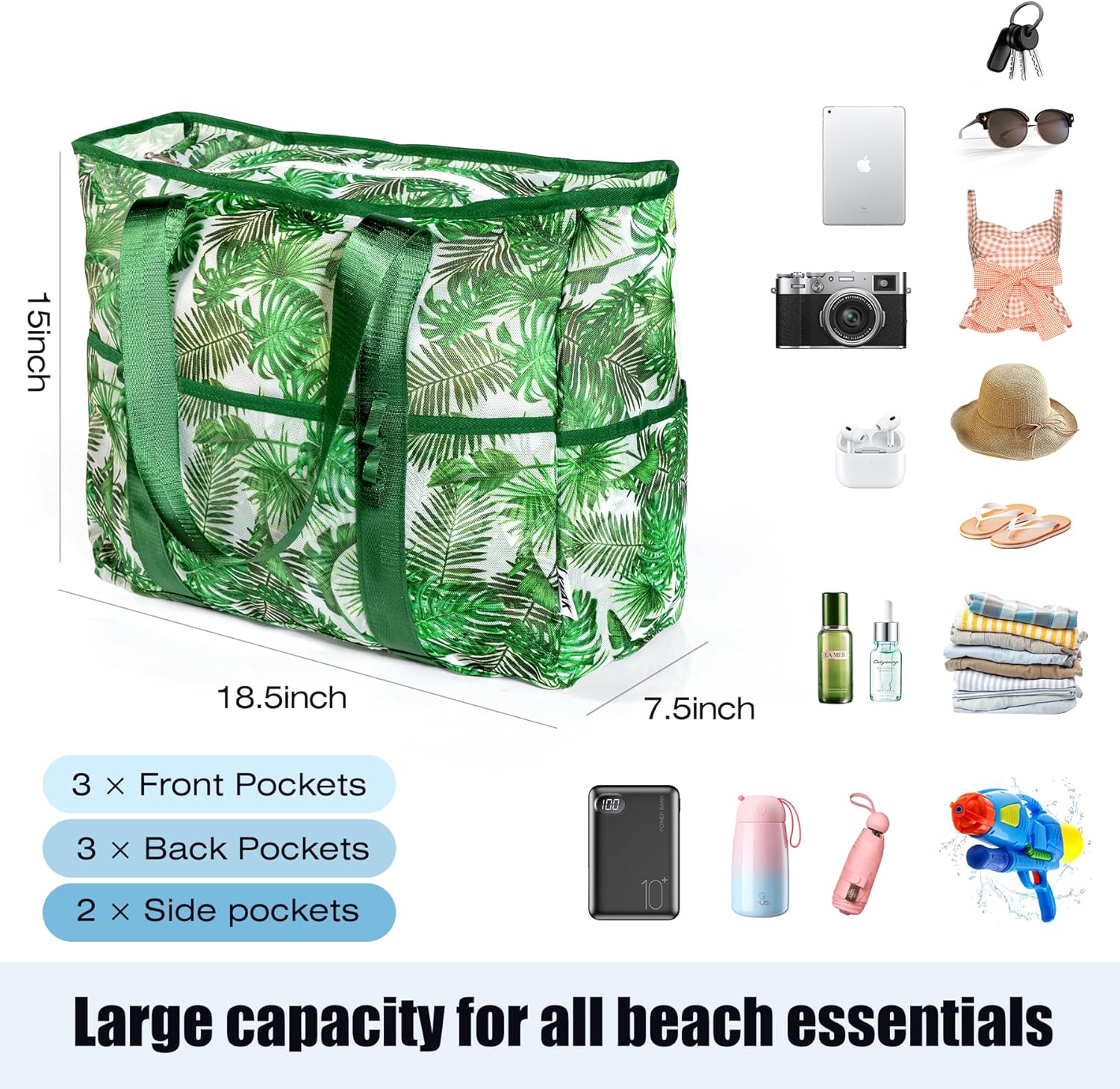 KUAK Mesh Beach Bag, Large Beach Tote with Top Zipper, 9 Pockets, Inner Waterproof Pocket for Family Pool Vacation Essentials - Image 6