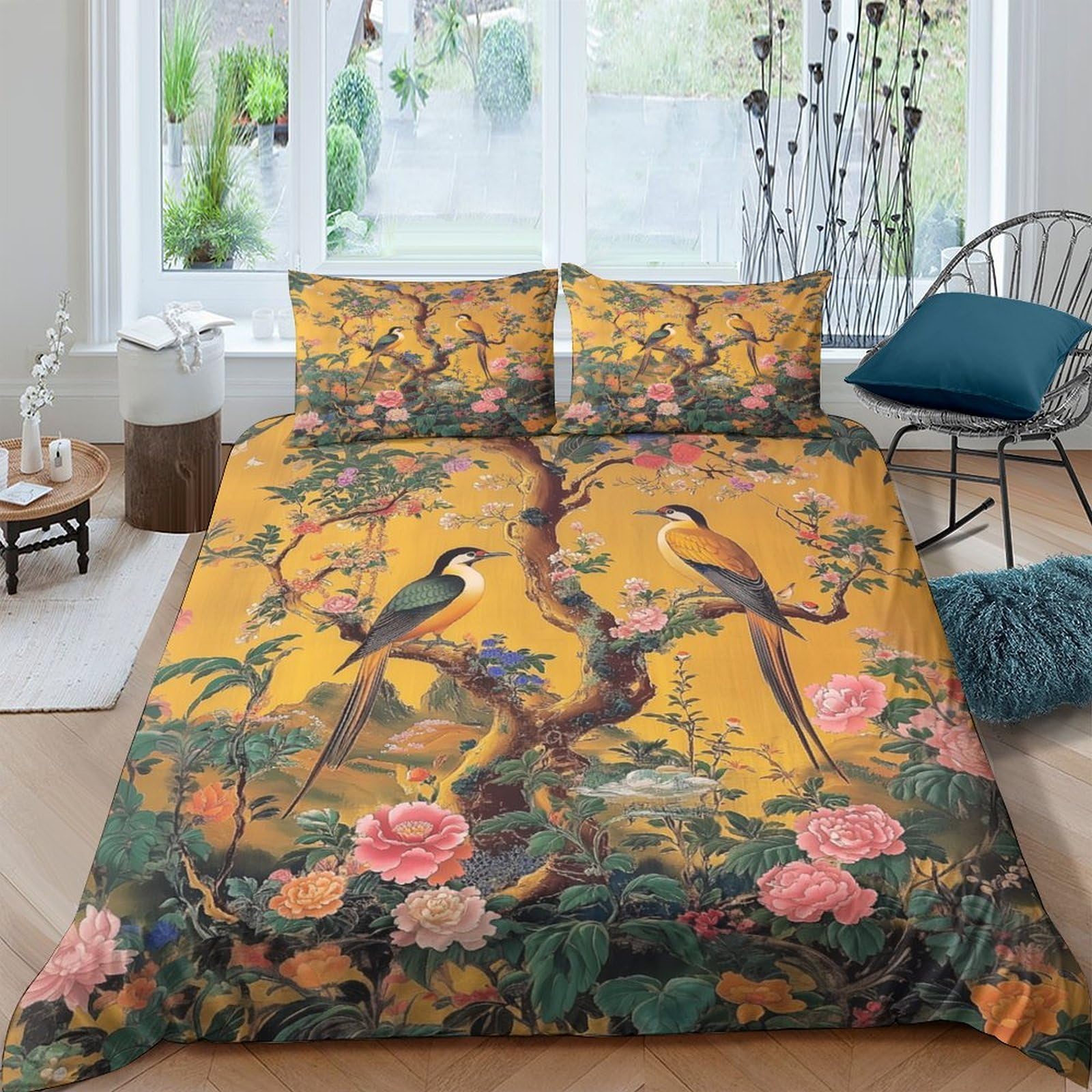 GPLZQXKJNH 3D Printed Tropical Birds Duvet Cover Microfiber Soft Floral Jungle Bedding Set Yellow with 2 Pillowcases for Bedroom Decor Single（135x200cm）