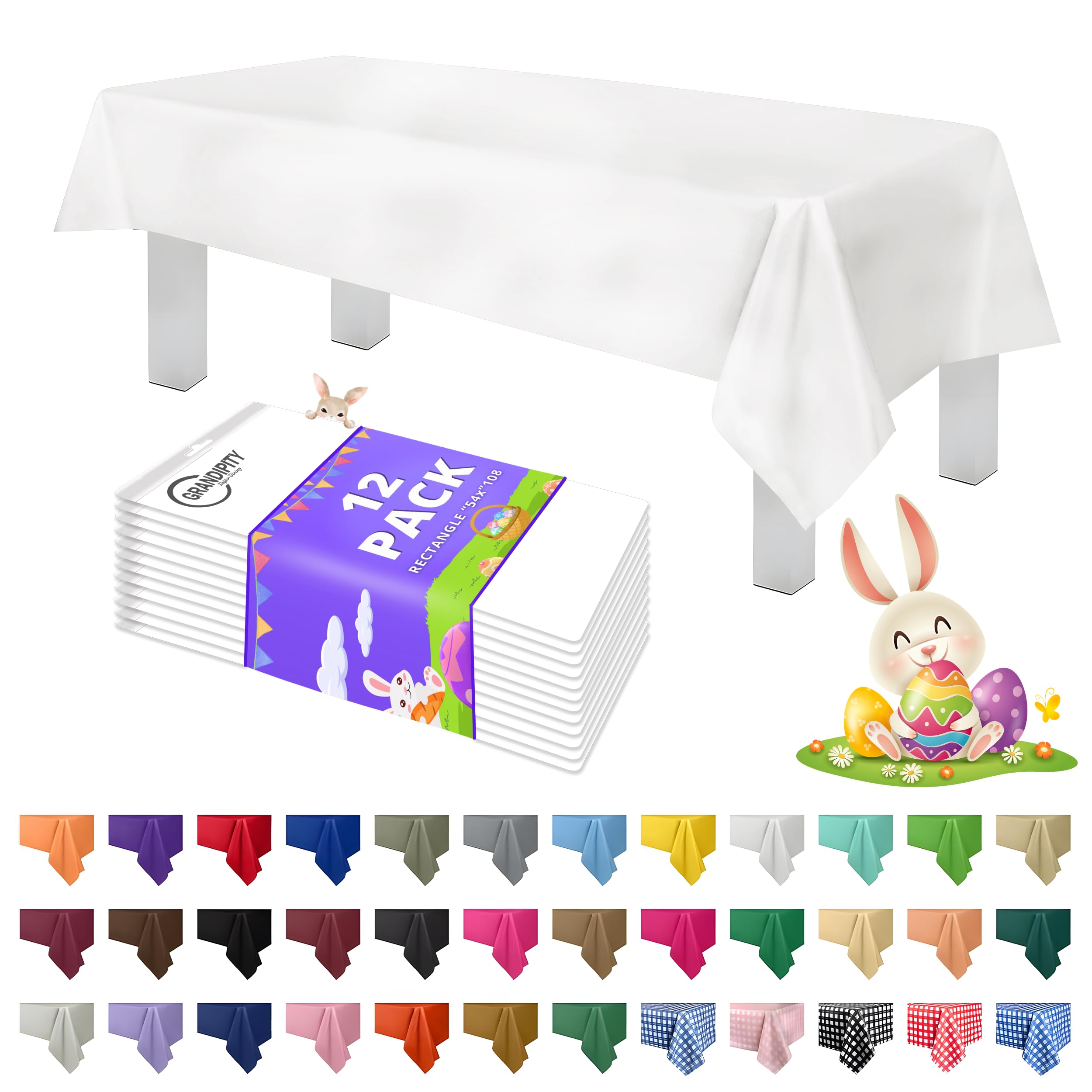 Grandipity 12 Pack Premium Disposable Plastic Tablecloth 54 Inch. x 108 Inch. with 0.3mm Thickness Table Cover - White