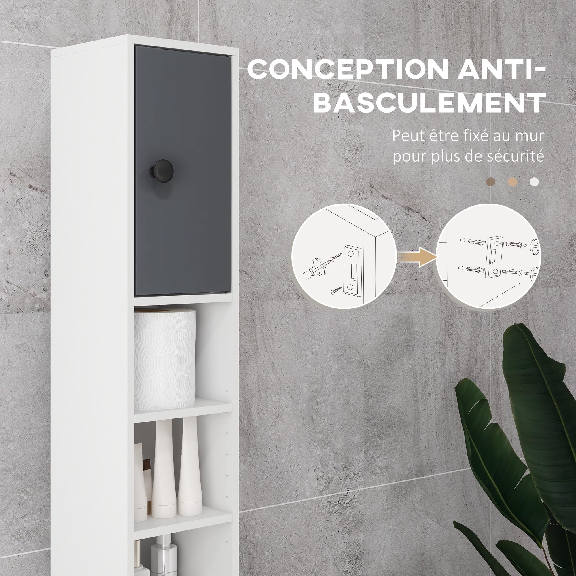 kleankin Meuble Colonne Salle de Bain Armoire Haute Colonne Fine avec 4 étagères réglables 1 tiroir et 2 placards Design Moderne 20 x 20 x 180 cm Gris