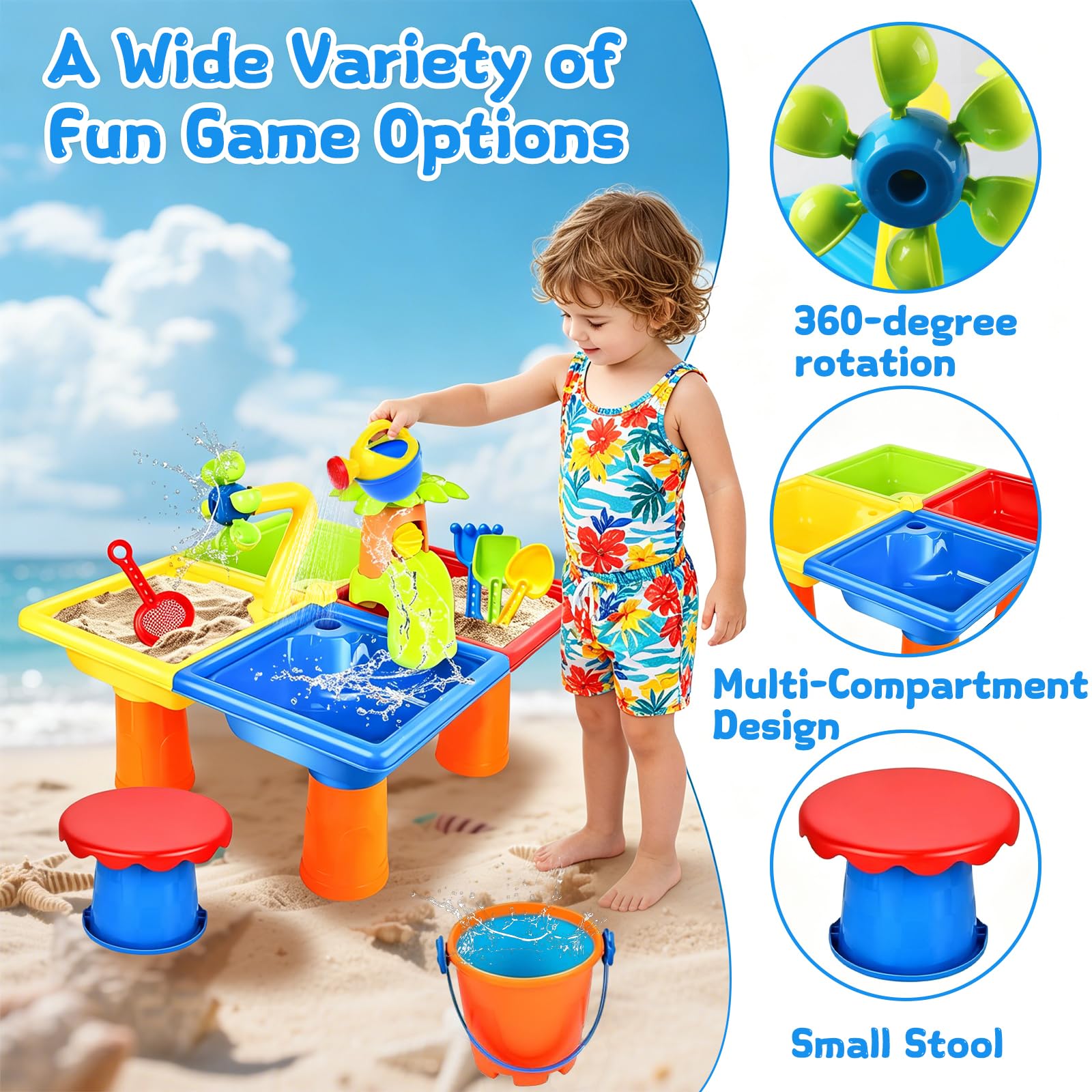 Mesa de Agua para Niños, Mesa de Arena y Agua 4 en 1, 25 Piezas Mesa Sensorial Juguetes de Verano al Aire, para Exterior, Jardín, Piscina, Regalo para niños de 3 años en adelante
