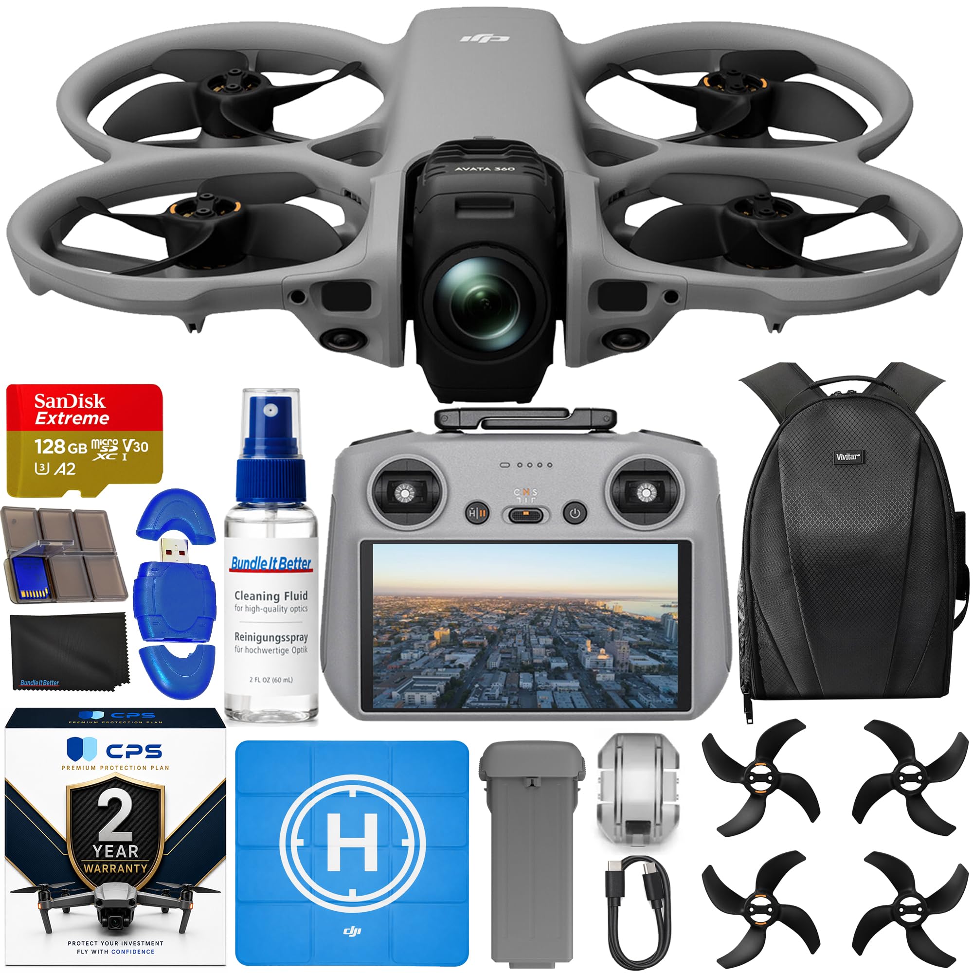 Avata 360 with RC 2 (With Screen) 360° Drone With 1-Inch 8K 360° Imaging for FPV & Aerial Filming, Bundle with 128GB Memory Card, CPS 2 Year Warranty + Pilot Kit