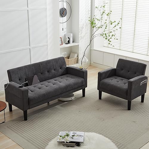 Miniatura 12 de TYBOATLE Sofá Loveseat de 62" de ancho con 2 puertos de cargador USB y 2 portavasos, pequeño asiento de amor de cuero negro con mechones estilo