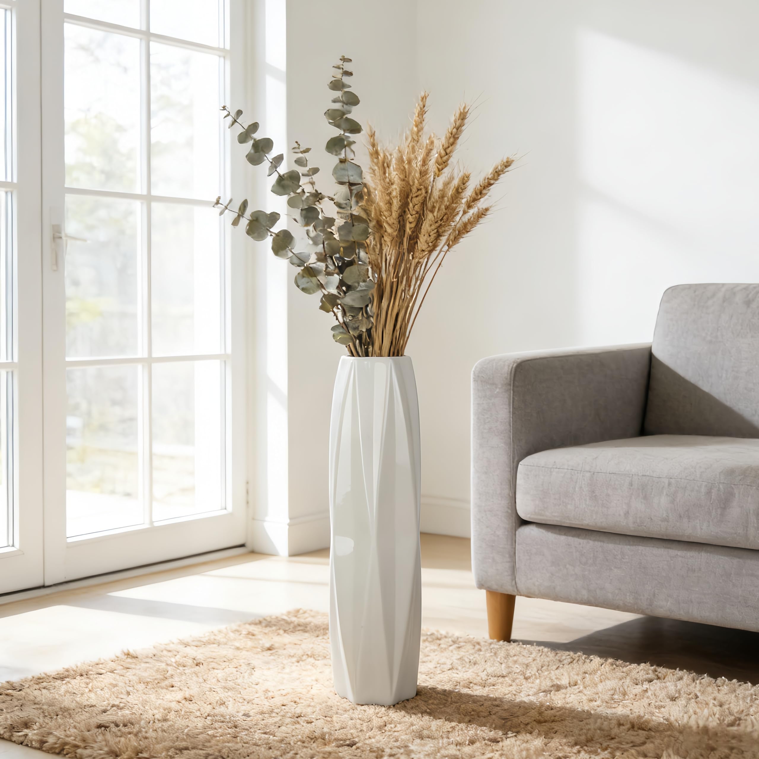 24" Weißer Keramik Bodenvasen 60cm, Große Dekorative Blumenvasen für Wohnzimmer, Schlafzimmer und Büro, Modernes Wohnaccessoire, Glänzende Glasur
