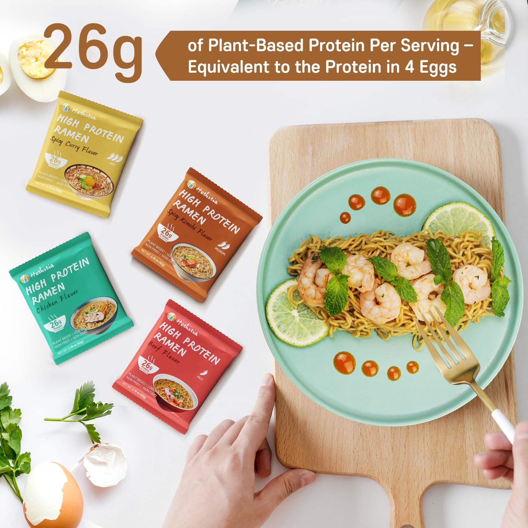 Hethstia High Protein Ramen Noodles Variety Pack - Chicken, Spicy ”Beef, Kimchi, Curry”, 26g Plant-Based Protein Vegan Noodles, 8 Pack | Low Sugar, Low Fat, Non-Fried, Non-GMO, Healthy Asian Meal