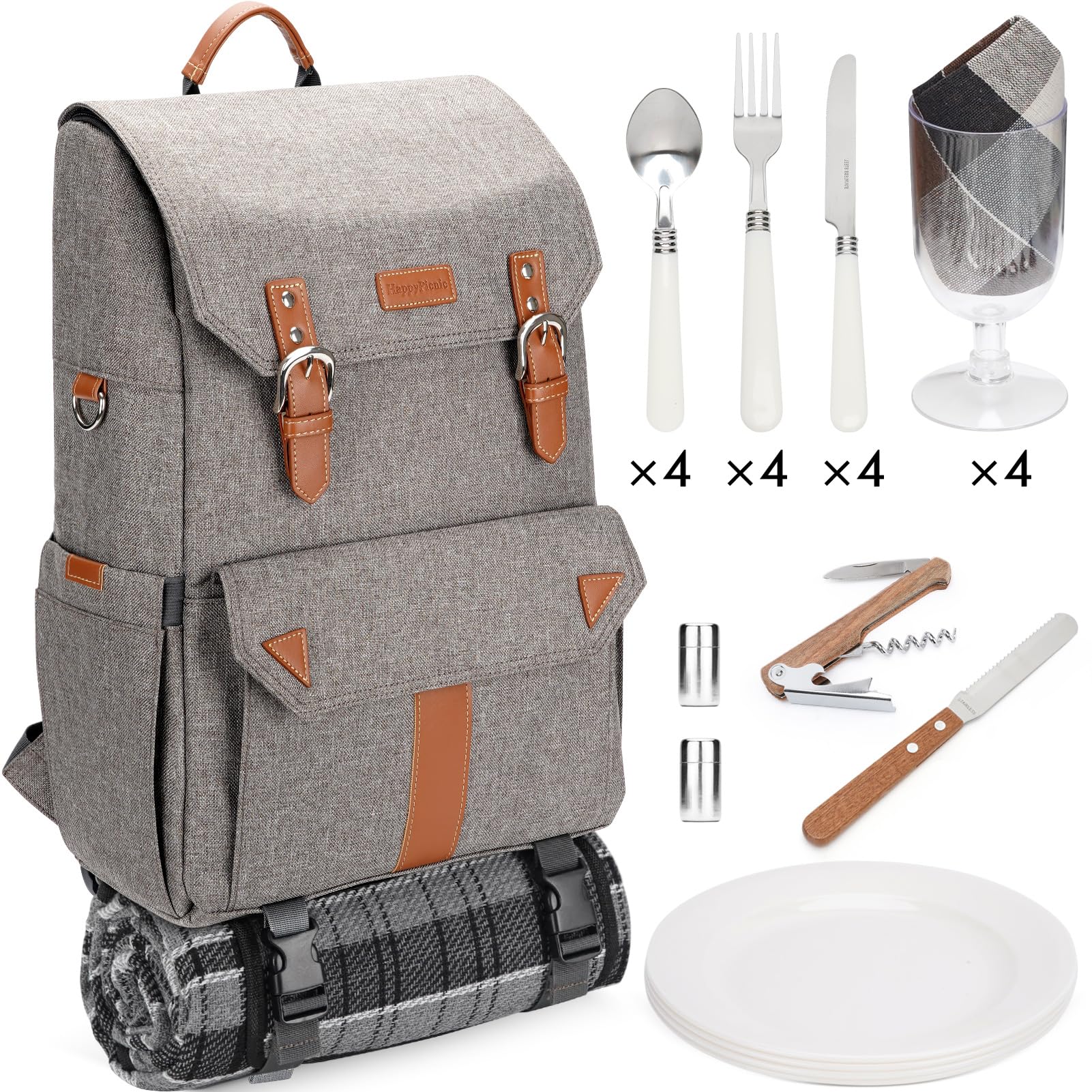 HappyPicnic Zaino da picnic per 4 persone isolato con set completo di stoviglie, ampio scomparto refrigerante, portabottiglie e grande coperta da picnic impermeabile