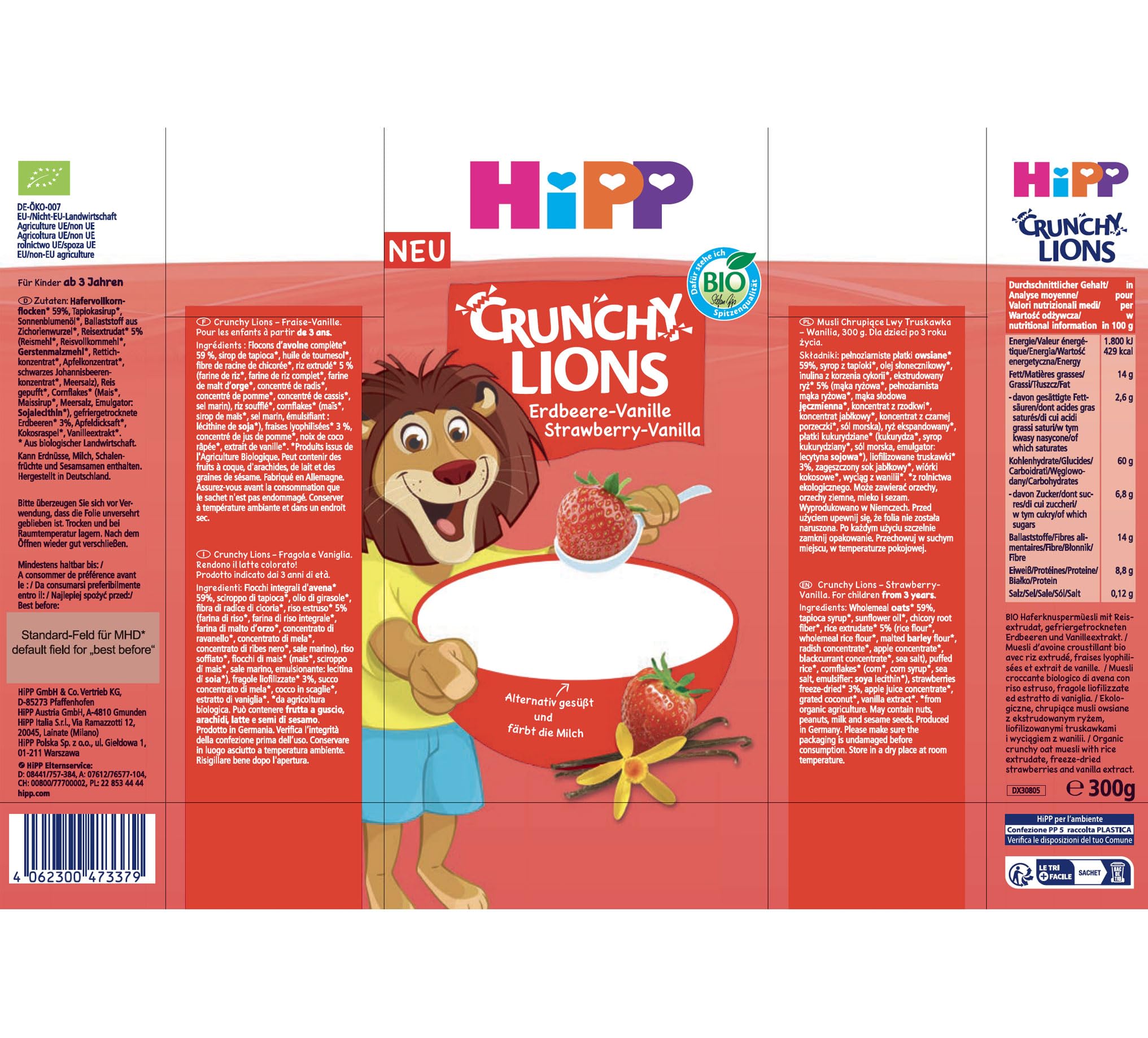 HiPP Crunchy Lions, Muesli alla Fragola e Vaniglia, Biologico, 5x300g, Cereali per Bambini dai 3 Anni, Ideali per Colazione o Merenda, Colorano il Latte, Divertenti e Nutrienti