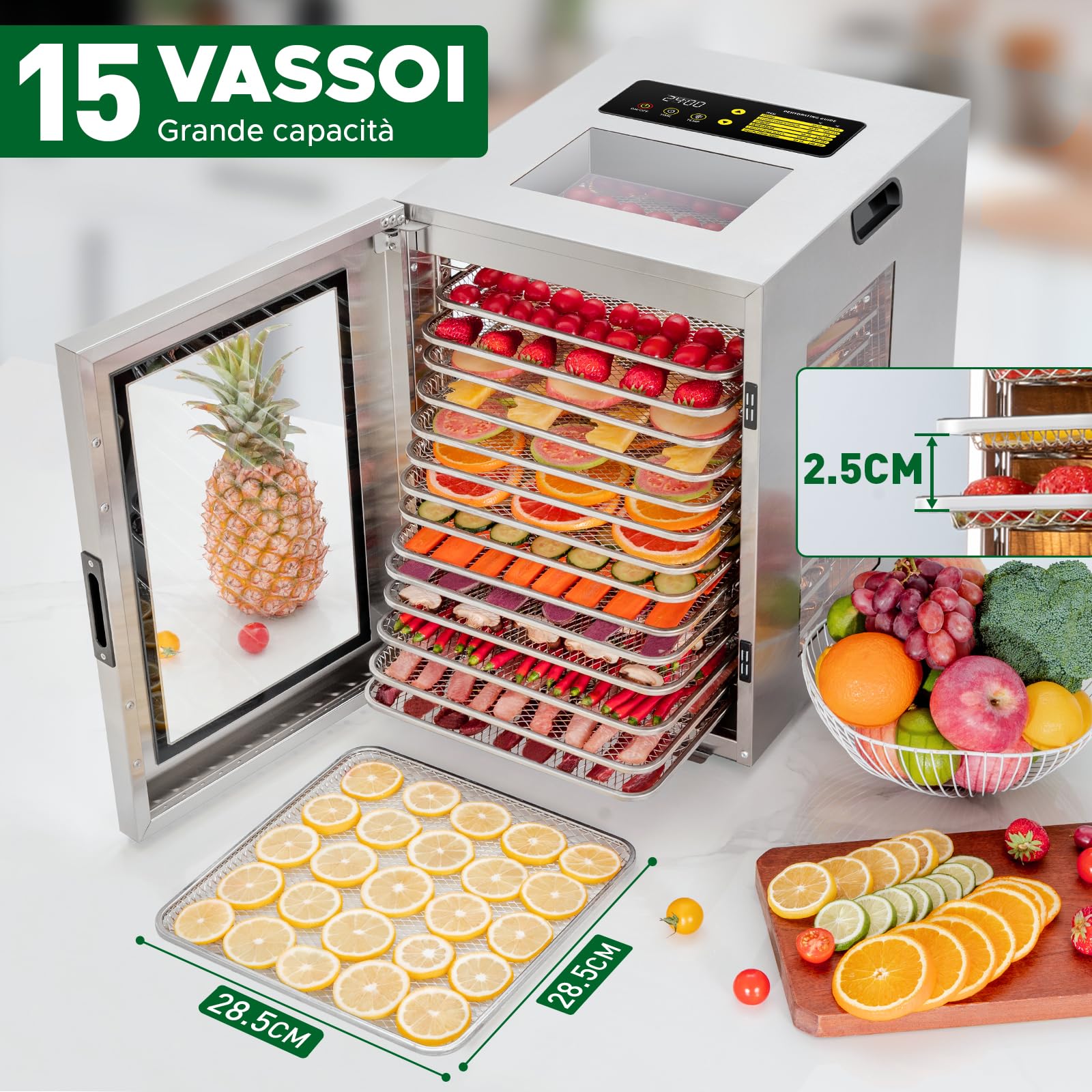 Kwasyo Essiccatore Alimenti 15 Vassoi Inox, 1200W Doppia Ventola, per Carne, Frutta, Snack Cani, Erbe, Temp. Regolabile 90°C, Timer 24H, Finestre Multiple, Essiccazione Potente