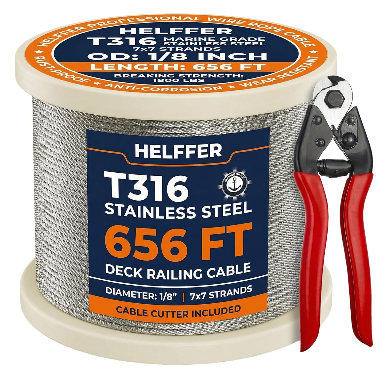 Helffer 1/8 inch T316 Stainless Steel Cable (656FT), 7x7 Strand Wire Rope with Professional Cutter, Marine Grade Steel Wire Cable for Deck Railing Kit, Stairs & Outdoor DIY Projects