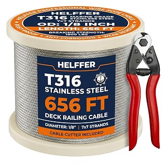 Helffer 1/8" T316 Stainless Steel Cable 656FT, 7x7 Wire Rope with Cutter