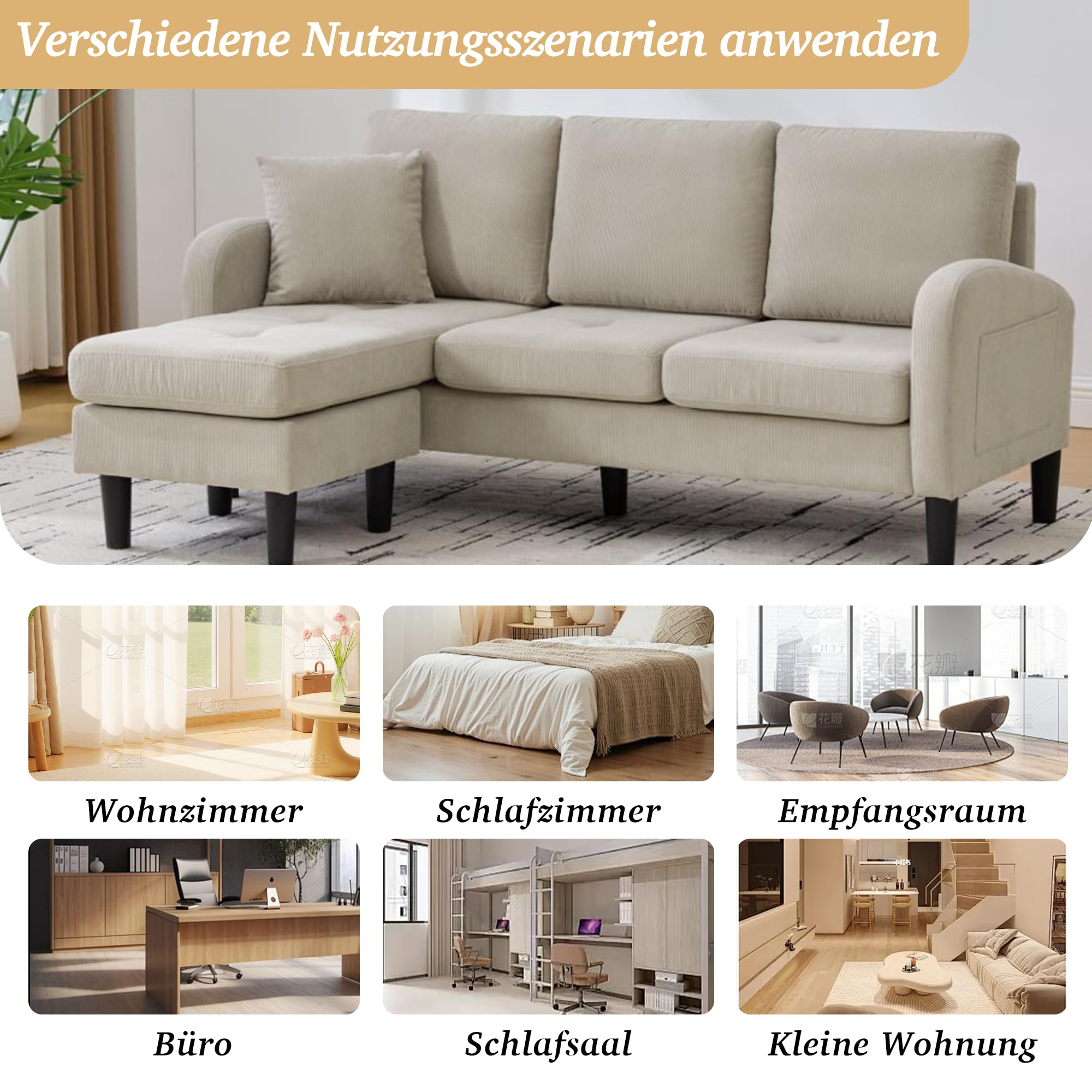 Divano angolare compatto a forma di L con chaise longue, divano a 3 posti per piccoli spazi, divano modulare per soggiorno in tessuto di lino e cotone traspirante, ideale per appartamento e ufficio