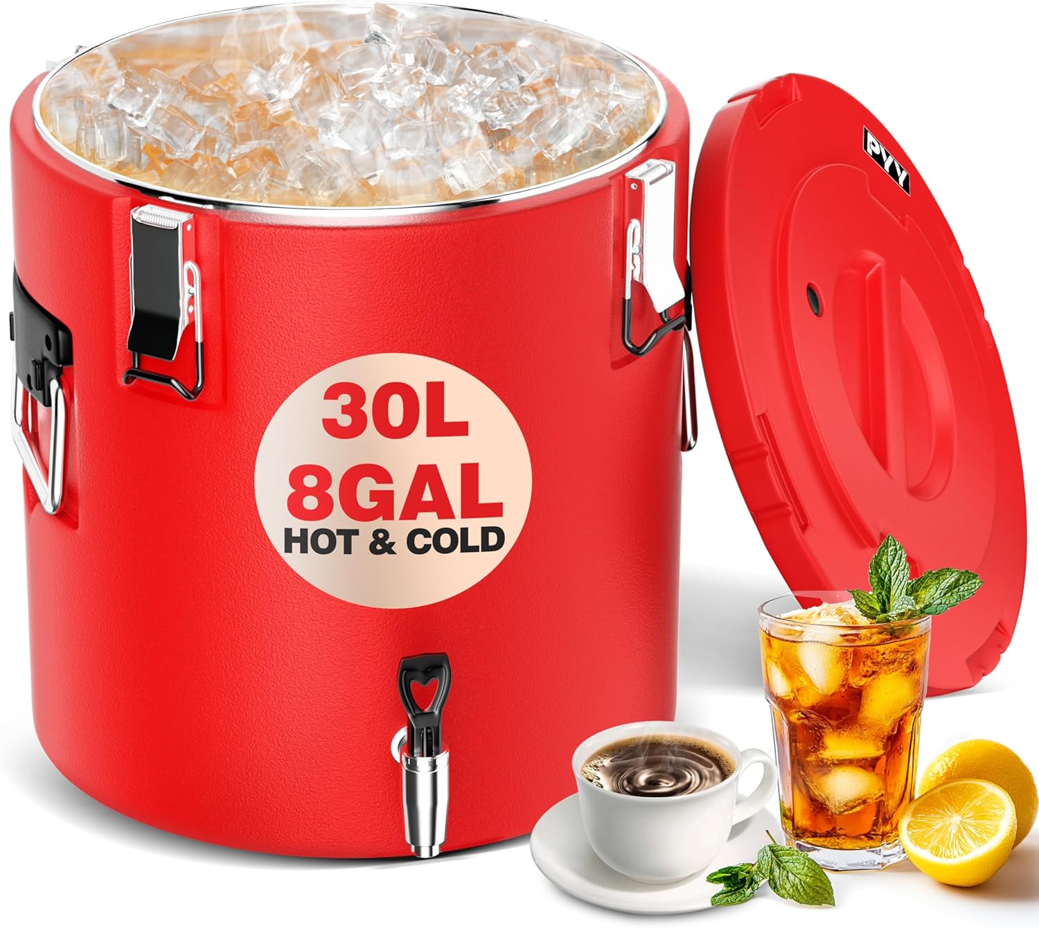 PYY Insulated Beverage Dispenser - 8 Gallon Hot Drink Dispenser with 304 Stainless Steel Interior & Spout, Commercial Thermal Container for Hot and Cold Drink, Portable Outdoors Water Cooler Jug 8GAL(30L) Red