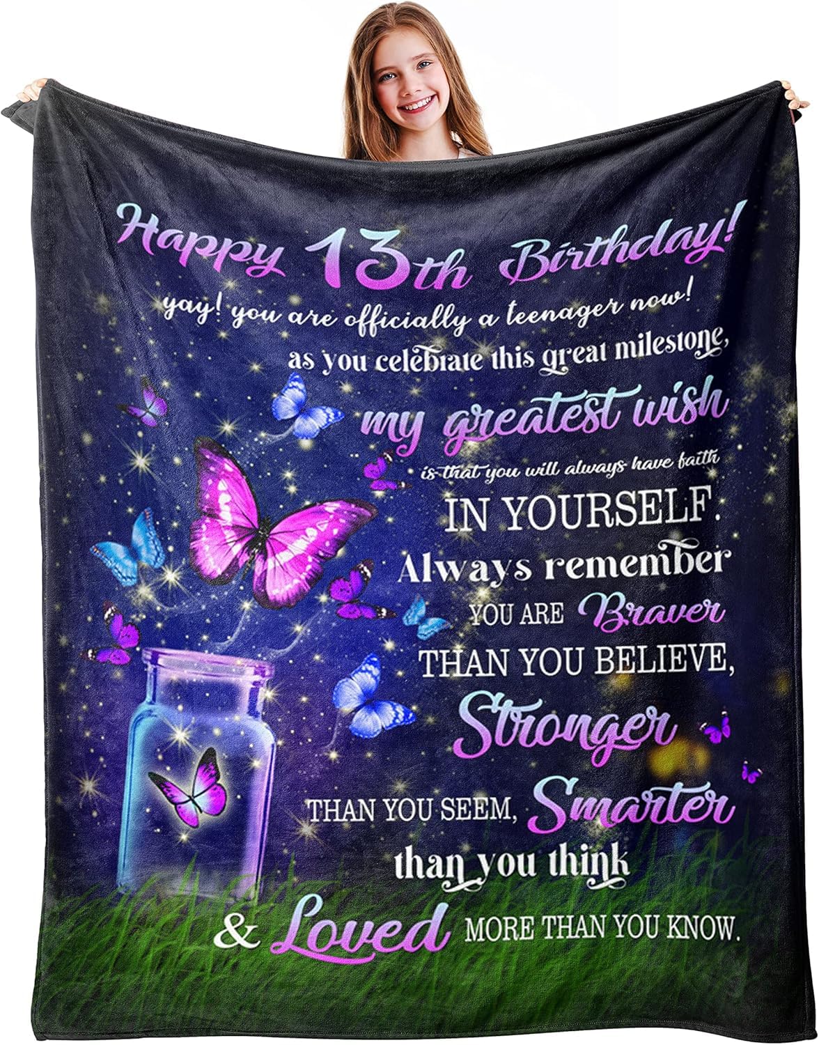 twirush 13th Birthday Gifts for Girls, 50" x 60" Gift for 13 Year Old Girl, Dreamy Butterfly Blanket for 2013, Gifts for Girl, Sister, Daughter, Granddaughter, Niece on Birthday