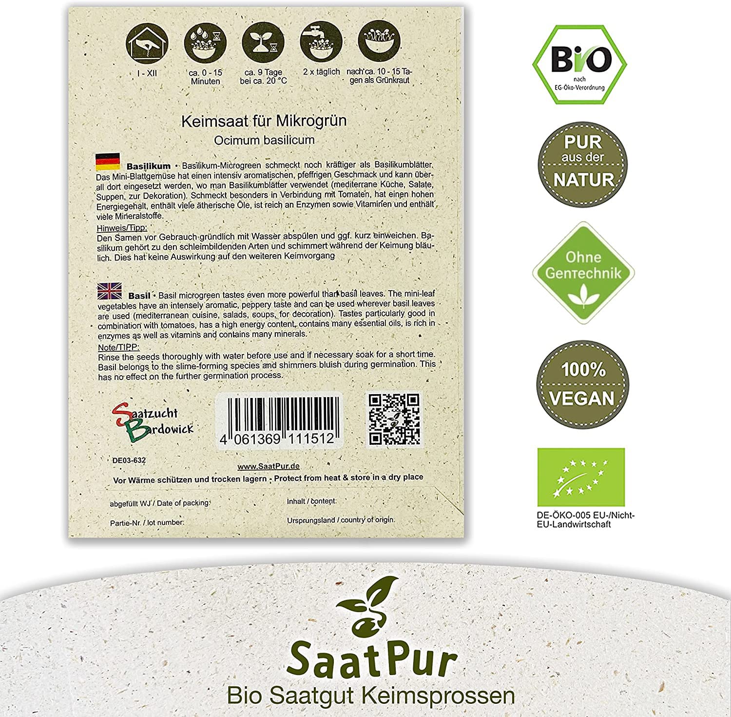 1Kg BIO Keimsprossen Basilikum Basilikumsamen für die Sprossenzucht Superfood Mikrogrün Grünkraut