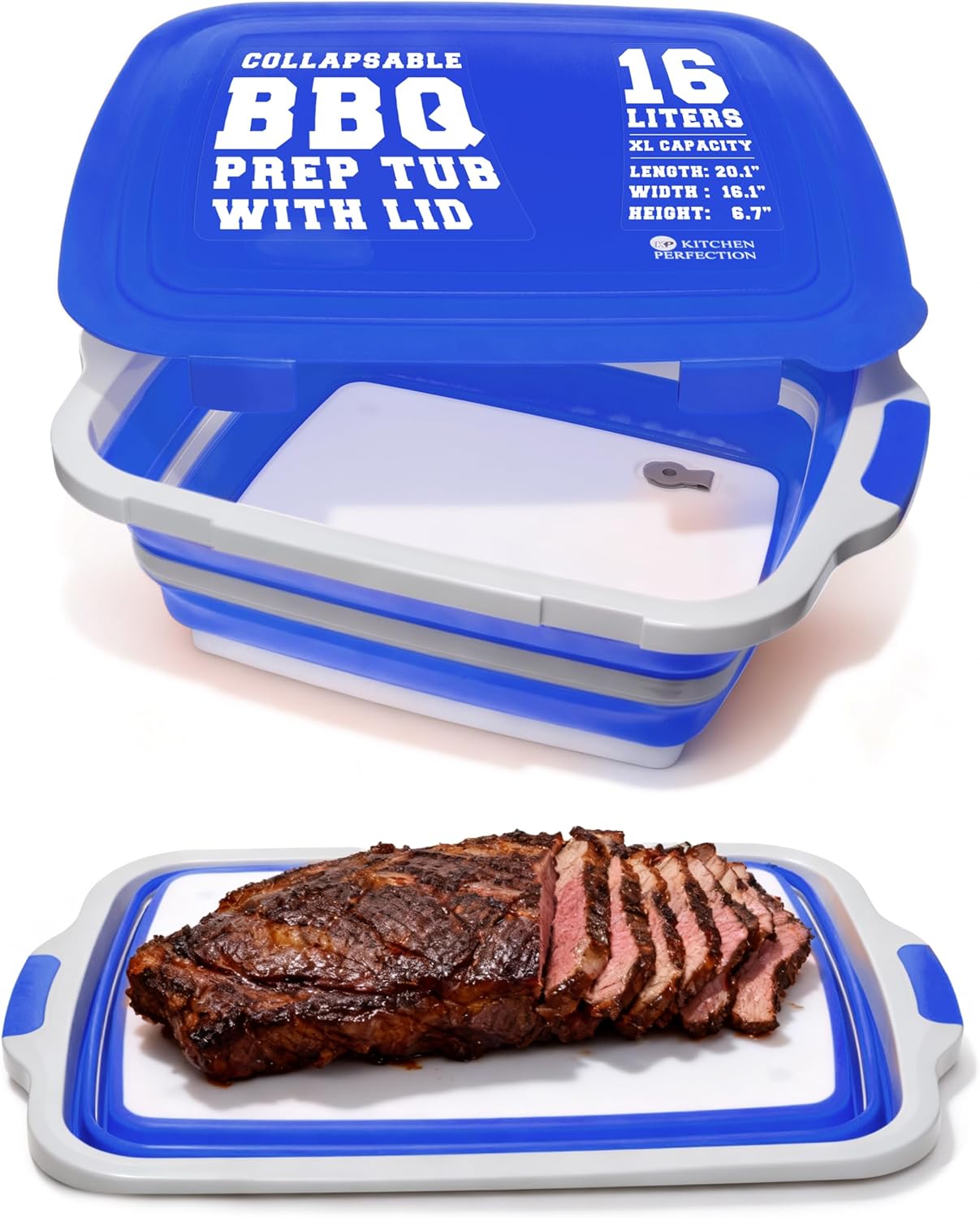 KITCHEN PERFECTION Collapsible XL Smoker & BBQ Prep Tub with Locking Lid & Cutting Board - Grill Caddy Container for Meat Marinating & Brine Perfect For Brisket, Turkey & Ribs - Best Gift For Men 20 inches by 16.1 inches Classic Blue