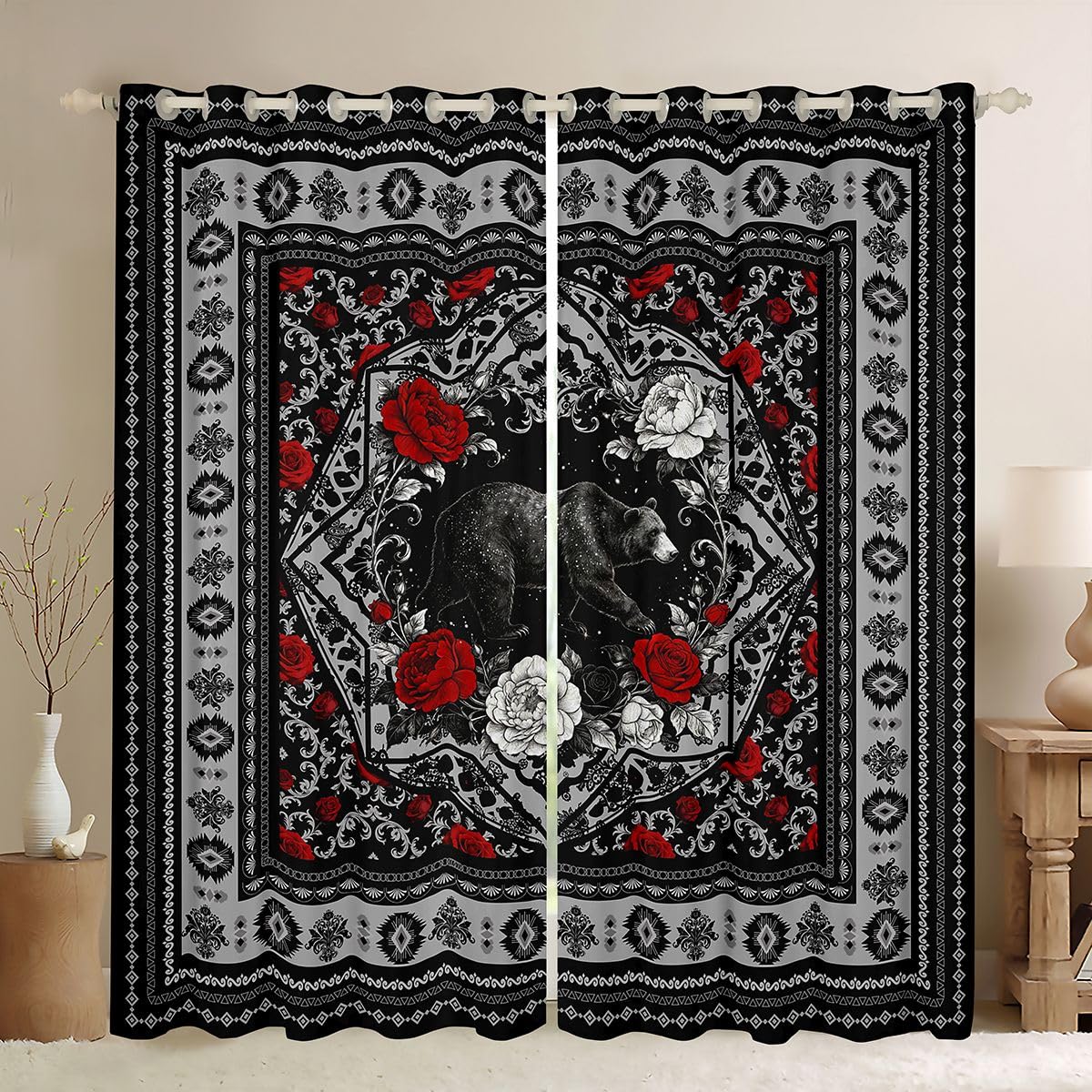 Rideau fenetre gothique avec motif ours grizzli floral rouge pour chambre salon