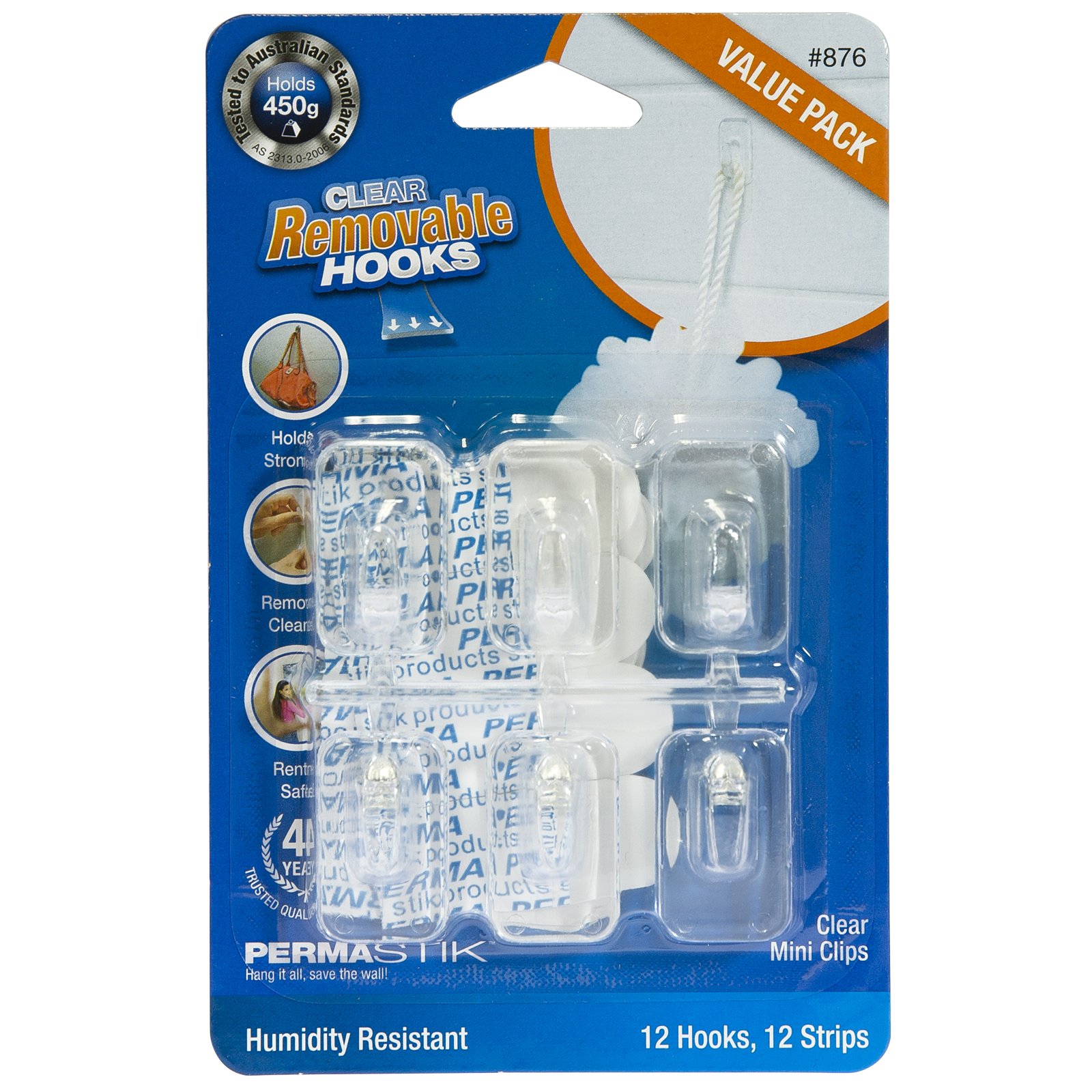 Permastik Clear Mini Utility Hooks Value Pack, 12 Hooks & 12 Adhesive Strips, Holds 450G Each, Humidity Resistant