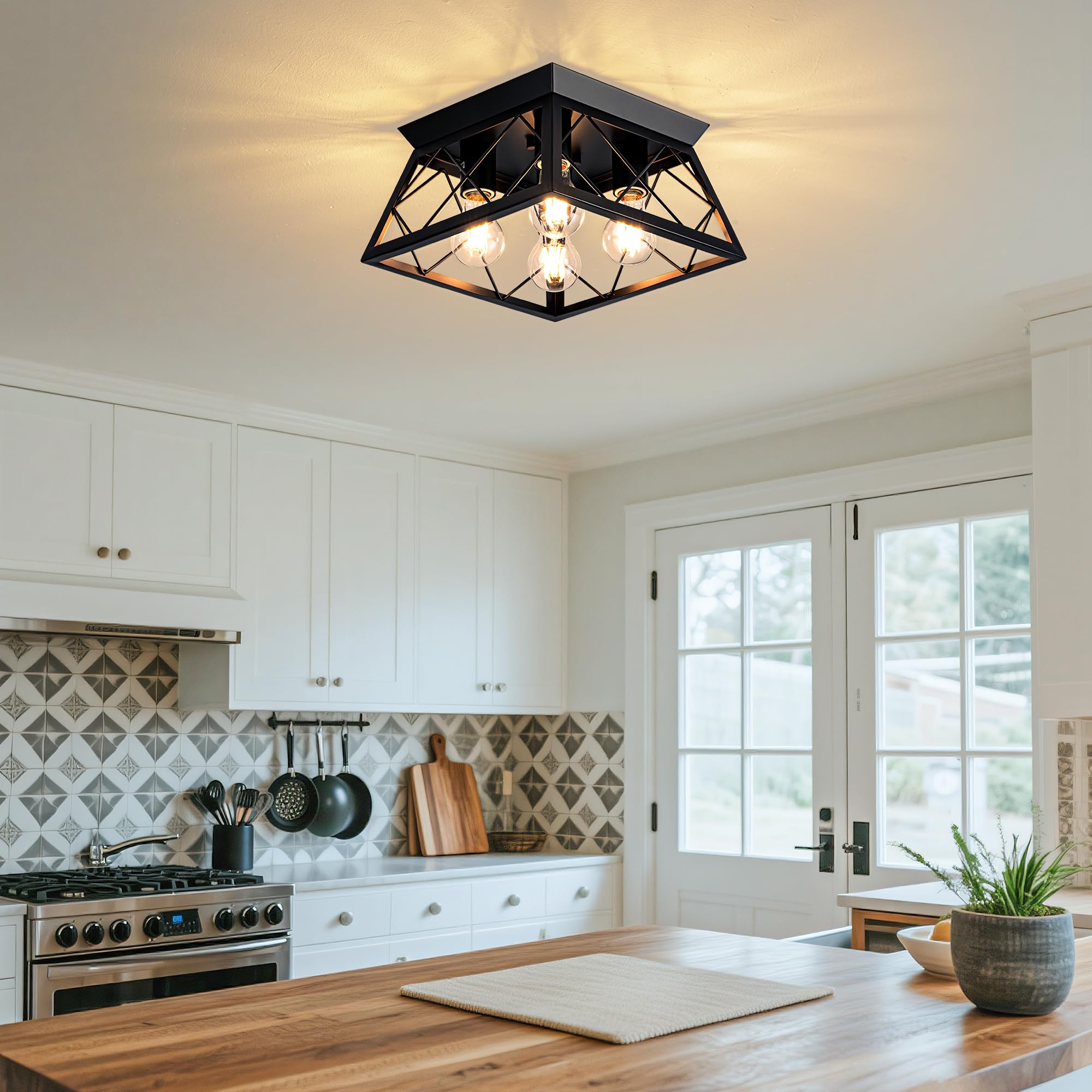 LEIP 4-Lights Close to Ceiling Light, Black Industrial Ceiling Light Fixture for Dining Room, Kitchen, Living Room, Hallway, Entry, Laundry - E26 Base (No Bulb)