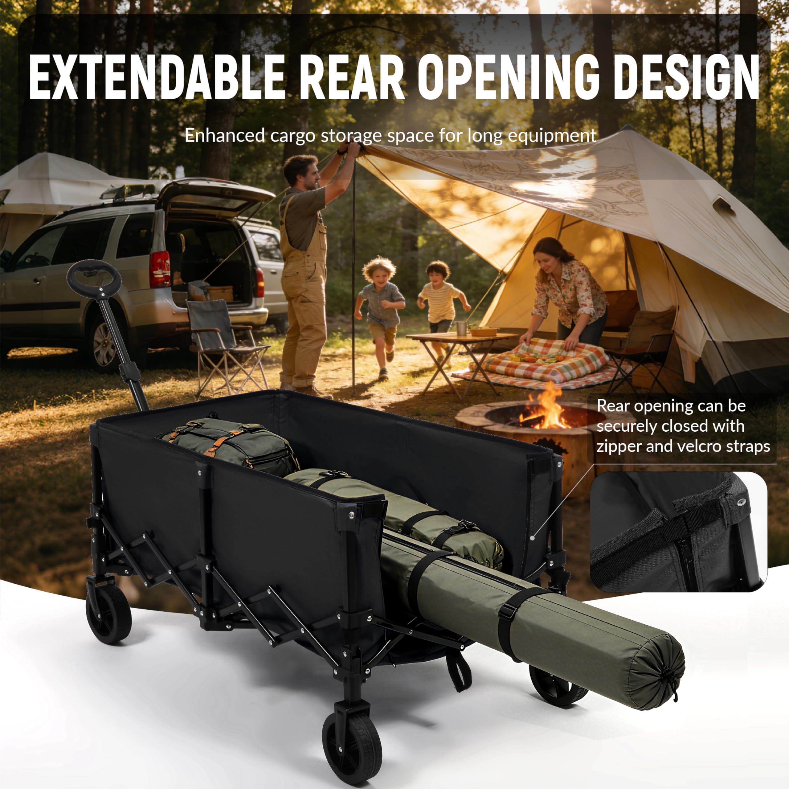OUTSIDER Bollerwagen faltbar 165L – Campingwagen mit 136kg Tragfähigkeit, klappbarer Strandwagen mit 360° Rädern, für Camping Einkauf Strand Schwarz