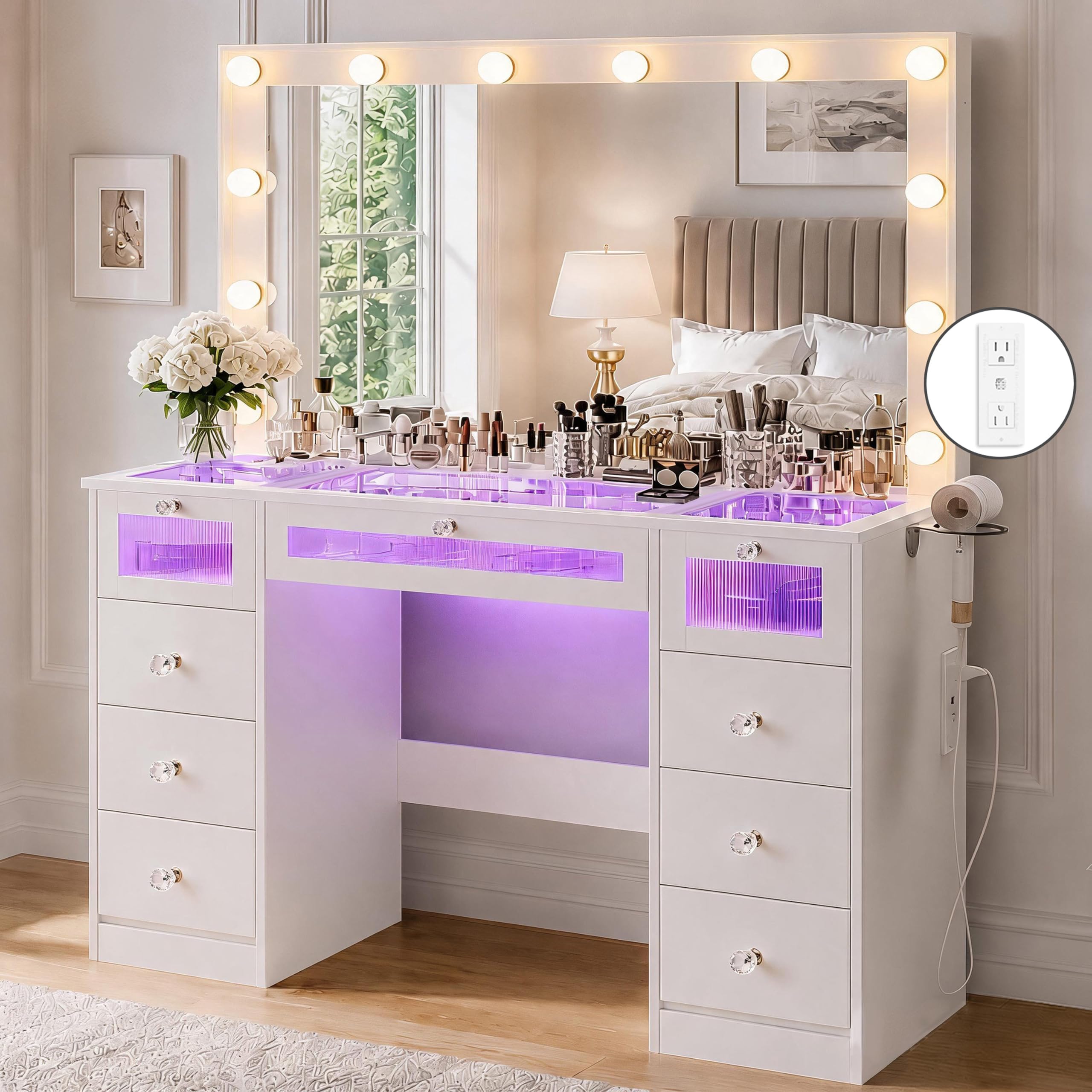 IFSEB Makeup Vanity Desk with Lights, White Vanity Glass Top, 36.9'' Mirror