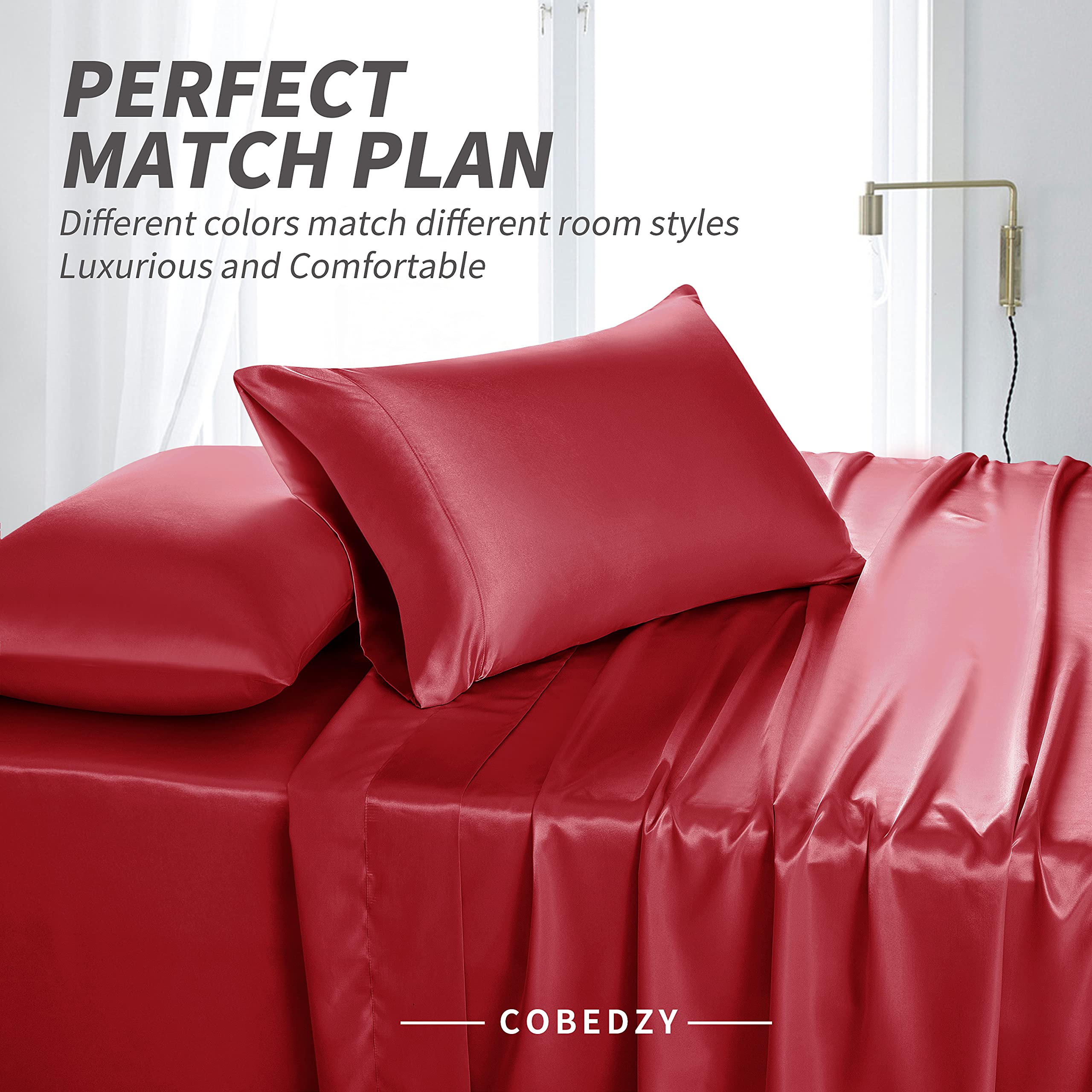 Set di lenzuola in raso rosso, 4 pezzi, per letto queen size, 1 lenzuolo con angoli profondi, 1 lenzuolo piatto, 2 federe