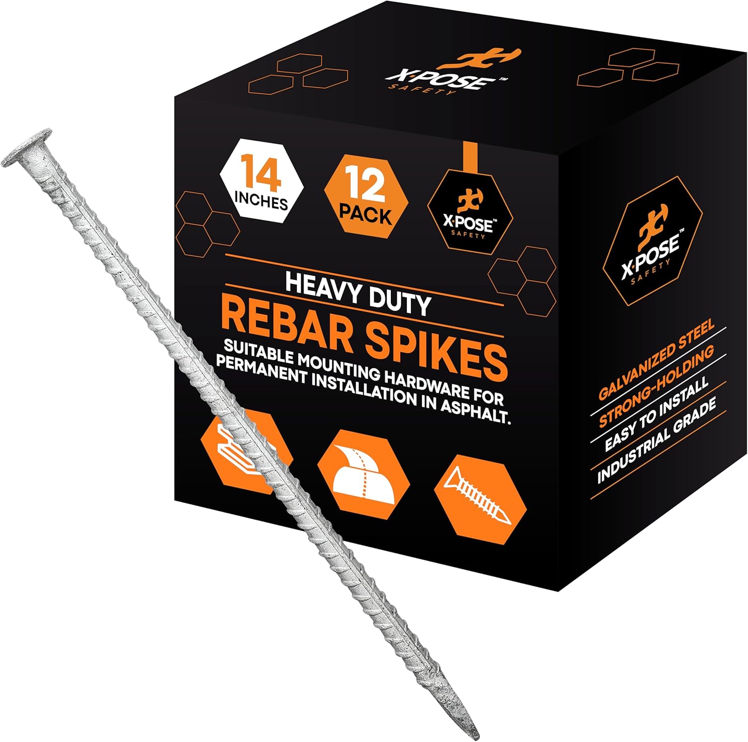 Heavy Duty Rebar Stakes 14" - 1/2" Diameter Threaded Galvanized Steel Spikes – 12 Pack Metal Ground Stakes for Speed Bumps & Wheel Stops – Support Estacas de Metal – Durable Asphalt Surface