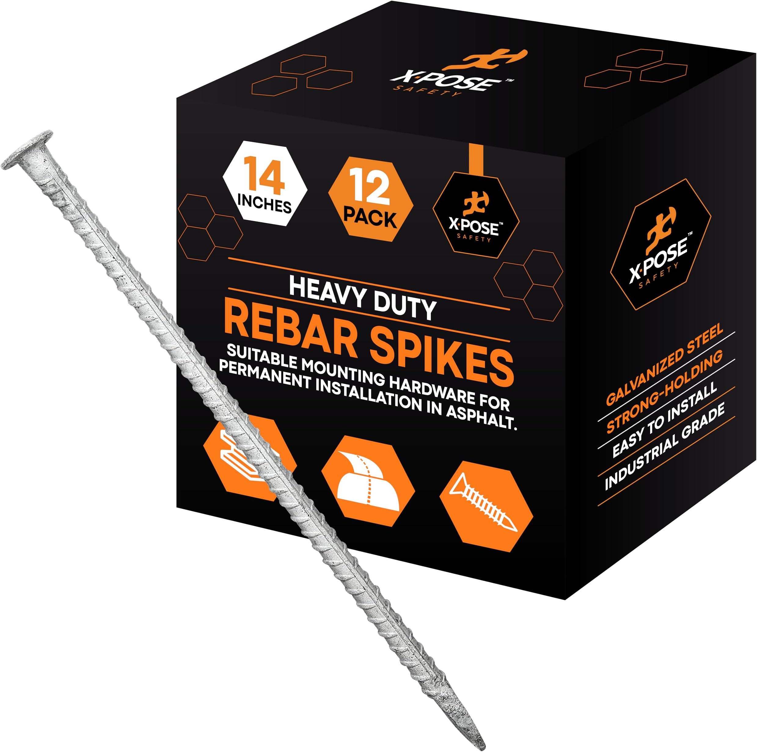 Heavy Duty Rebar Stakes 14" x 1/2" Diameter, Threaded Galvanized Rebar Spikes, 12 Pack Asphalt Anchors for Speed Bumps, Parking Blocks, Wheel Stops & Parking Bumpers