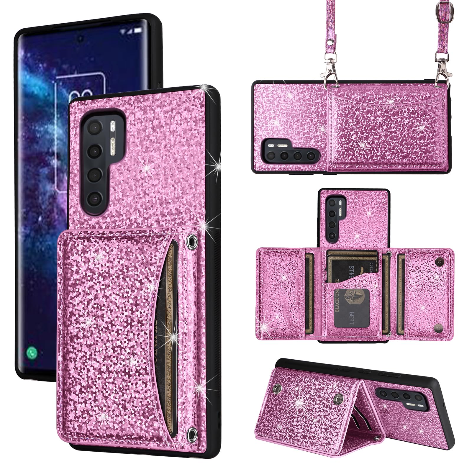 Wallet Case for TCL 20 Pro 5G with Shoulder Strap, 6 Card Slots Thin Slim Flip Purse, Credit Card Holder Stand Sparkly Glitter Bling Cell Phone Cover for TCL20Pro G5 TLC 20Pro5G Women Men Pink