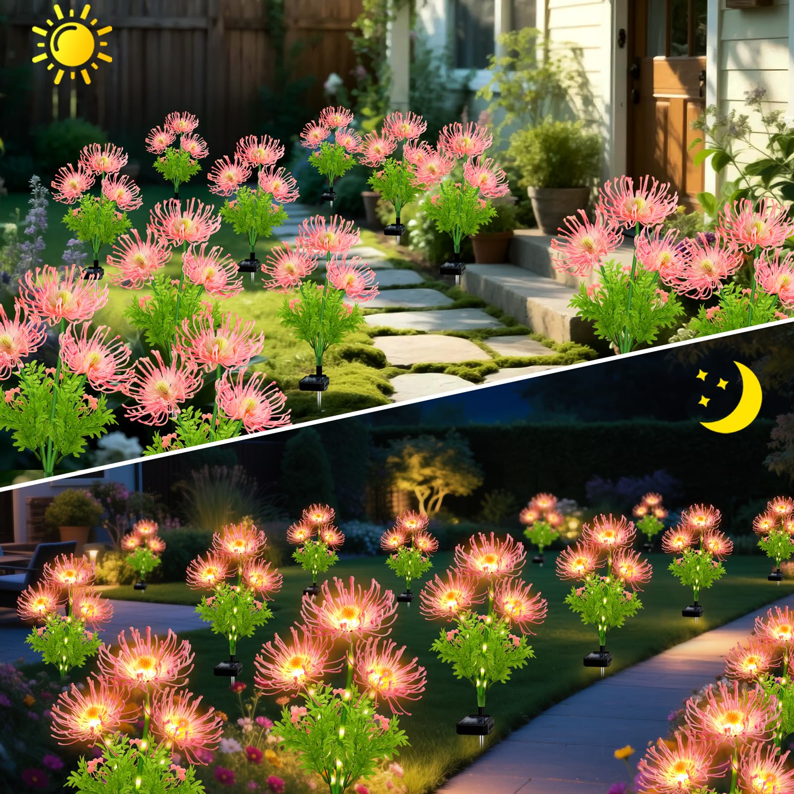Luces solares para exteriores, lirio araña rosa, paquete de 4 luces de flores de jardín impermeables de 12 cabezas con tallos brillantes, decoración decorativa de patio y césped, regalos de Navidad y