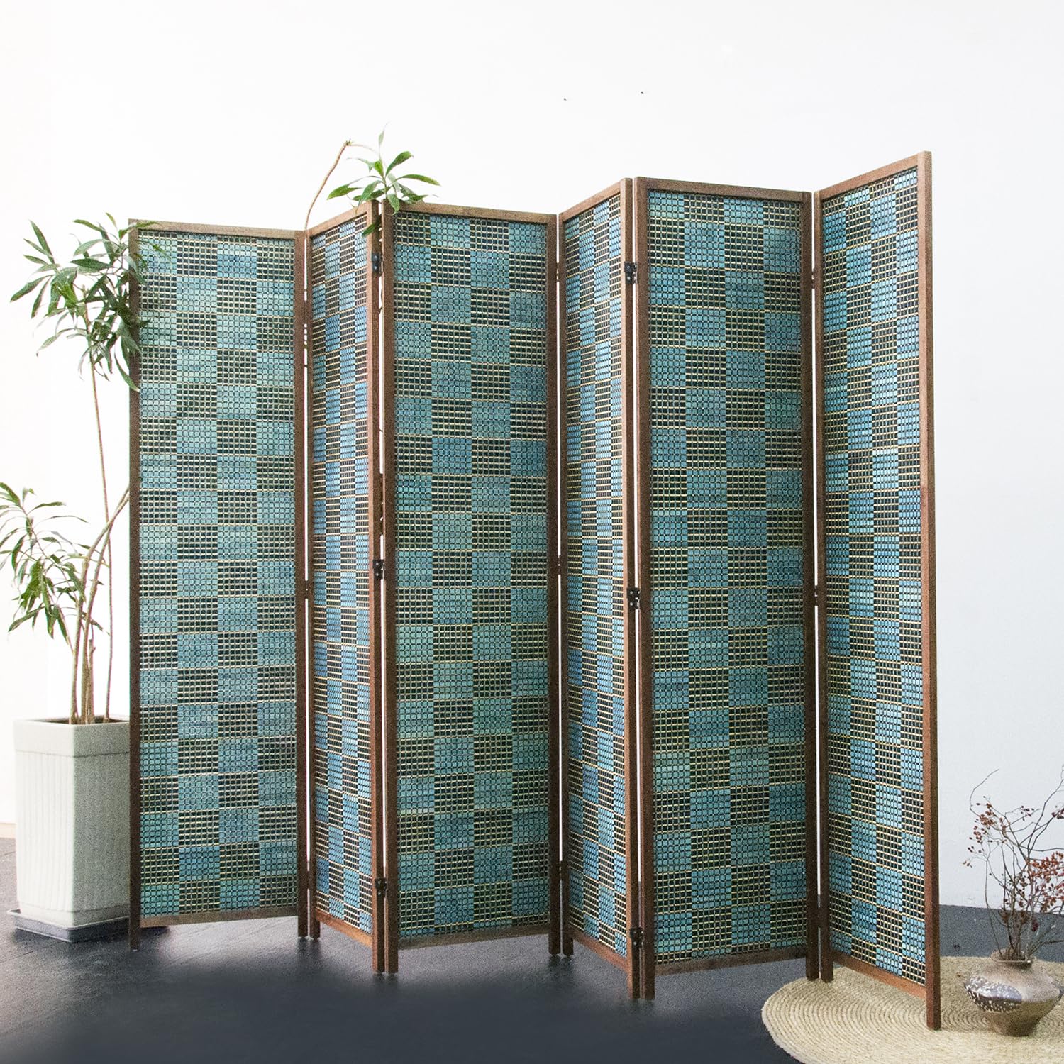 Photo 1 of Furnnylane 6 Panel Room Divider Screen and Folding Panel Screen,Double Sided Bamboo Divider for Room Separation,Blue Square,67" H x 94.5" W