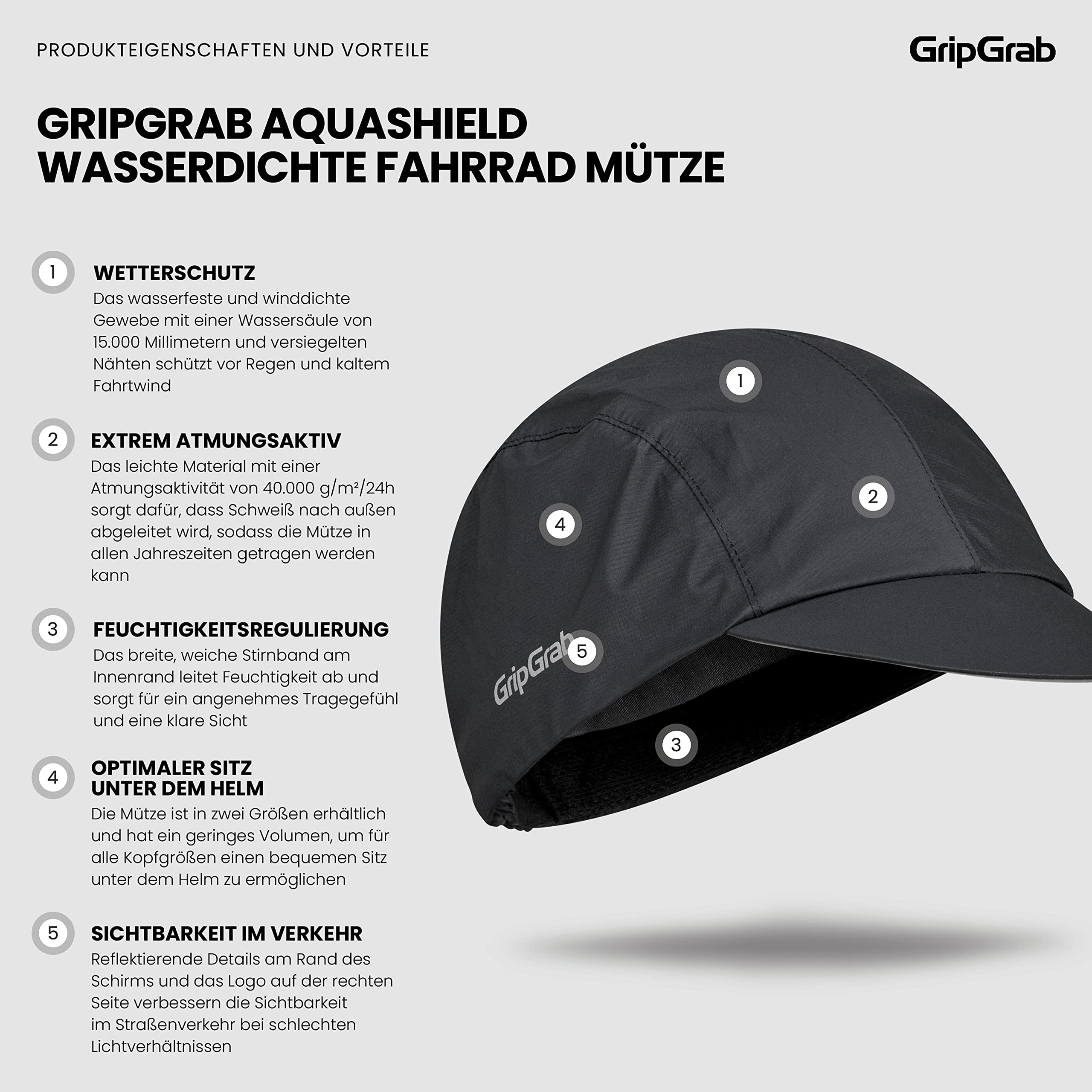 GripGrab AquaShield czapka rowerowa, wodoszczelna i wiatroszczelna, pod kaskiem | Podkask przeciwdeszczowy do jazdy na rowerze – słup wody 10 000 mm, oddychający, opaska przeciwpotowa, 2 rozmiary, odblaskowa