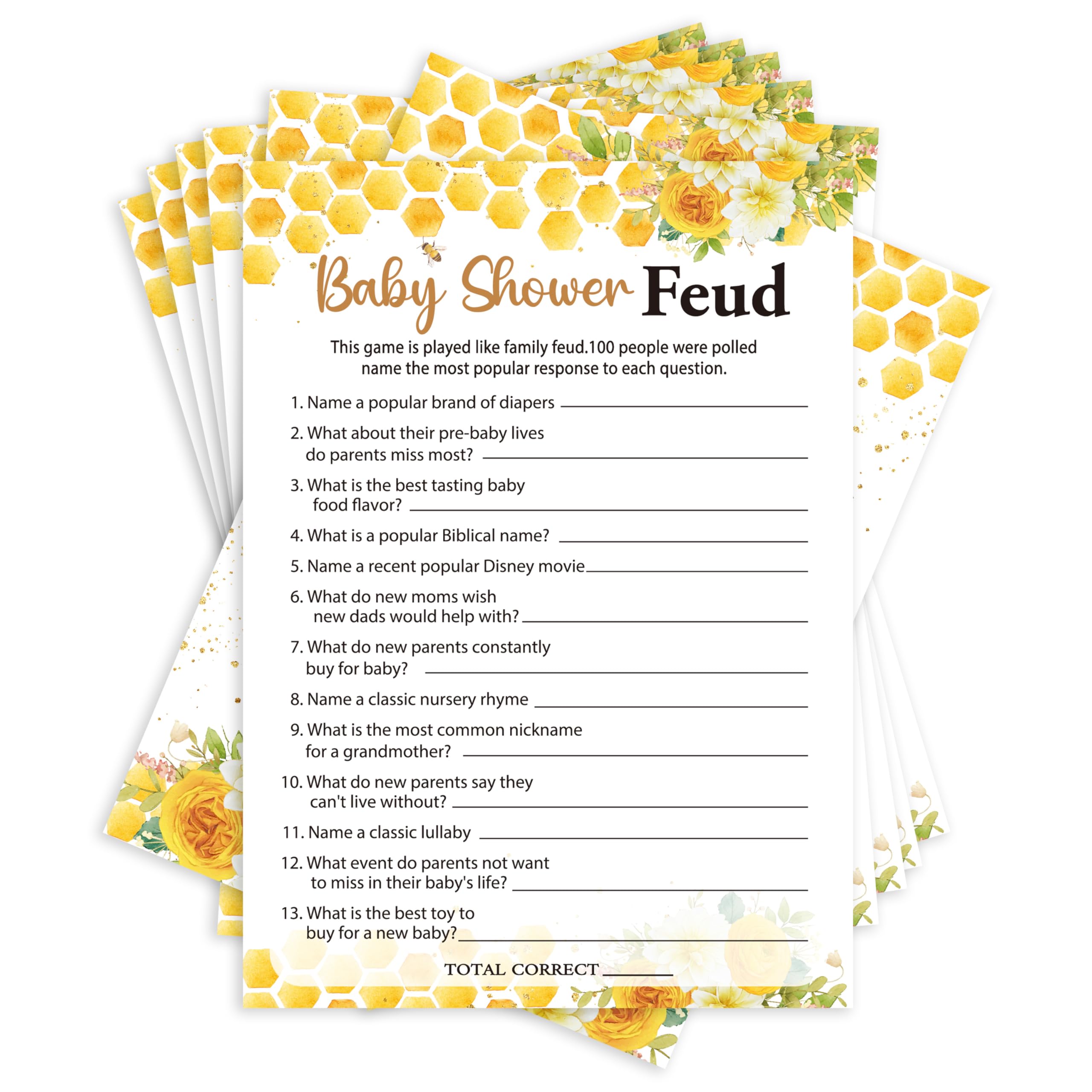 Baby Shower Games for Boys Girls, Baby Feud Games, Honey Bee Bear Gender Reveal Game, 25 Cards, 02