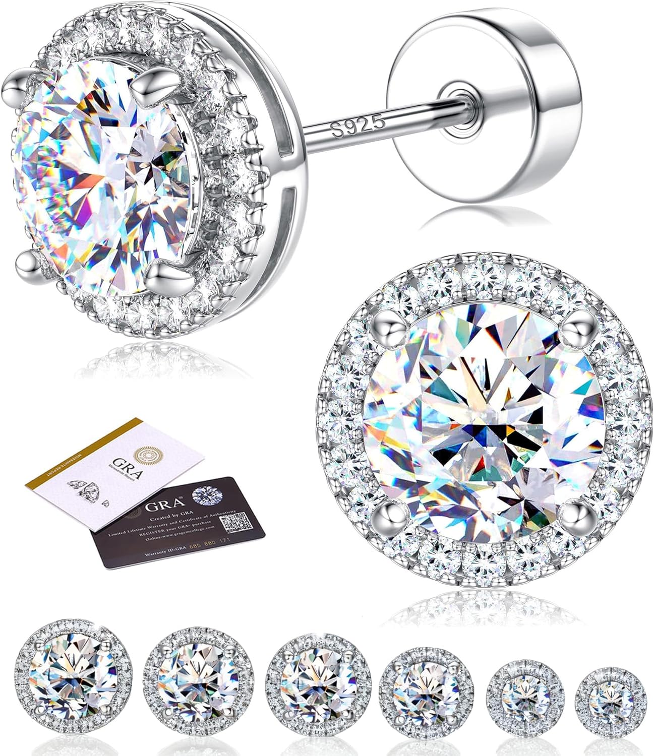 ADRAMATA Moissanite Earrings for Women and Men – 925 Sterling Silver Hypoallergenic Simulated Diamond Earrings, D Colour VVS1 Brilliant Halo Moissanite, 14K White Gold Plated Flat Back Studs