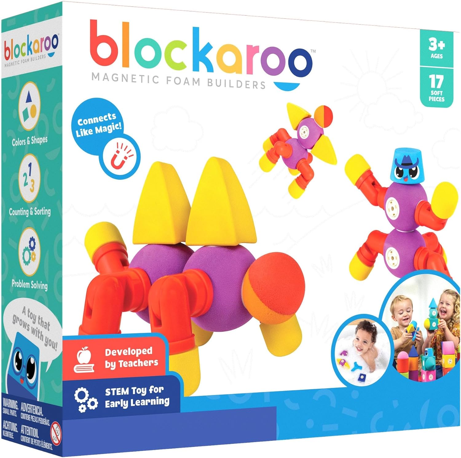 Blockaroo Magnetic Foam Building Blocks - 17-Piece Critter Set, Bath Toys for Toddlers, Preschool Toys, Bathtub Toys, Sensory Toys, Blocks for Toddlers 3-5, Engineering Toys for Kids 3-5, Bath Blocks