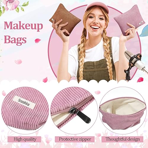 Miniatura 3 de 9 bolsas de maquillaje de pana de 10 x 7 pulgadas, bolsa de cosméticos grande de terciopelo para viaje, organizador de maquillaje de viaje, bolsa de