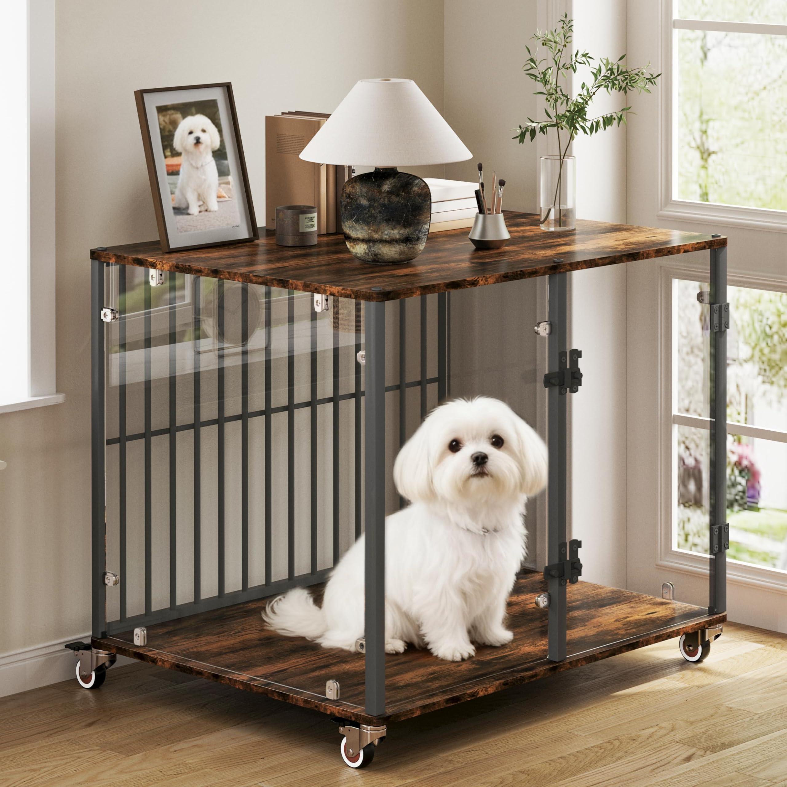 Bingopaw Jaula para Perros Mediano Mueble 77x60x65cm Jaula Perros Transparente de Vidrio Templado Resistente a Las Mordidas y Duradera con Hierro Fuerte Anticorrosivo y Superficie de Mesa