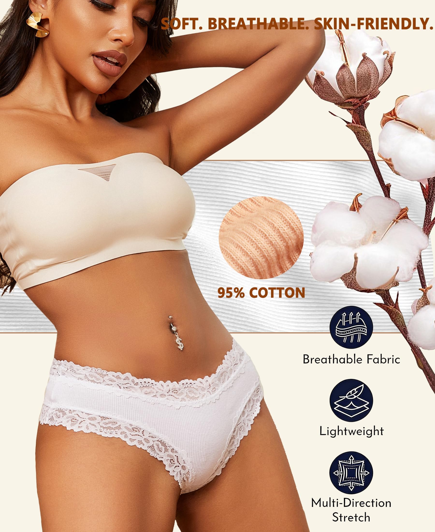 Pack de 6 Braguitas de algodón con Encaje para Mujer
