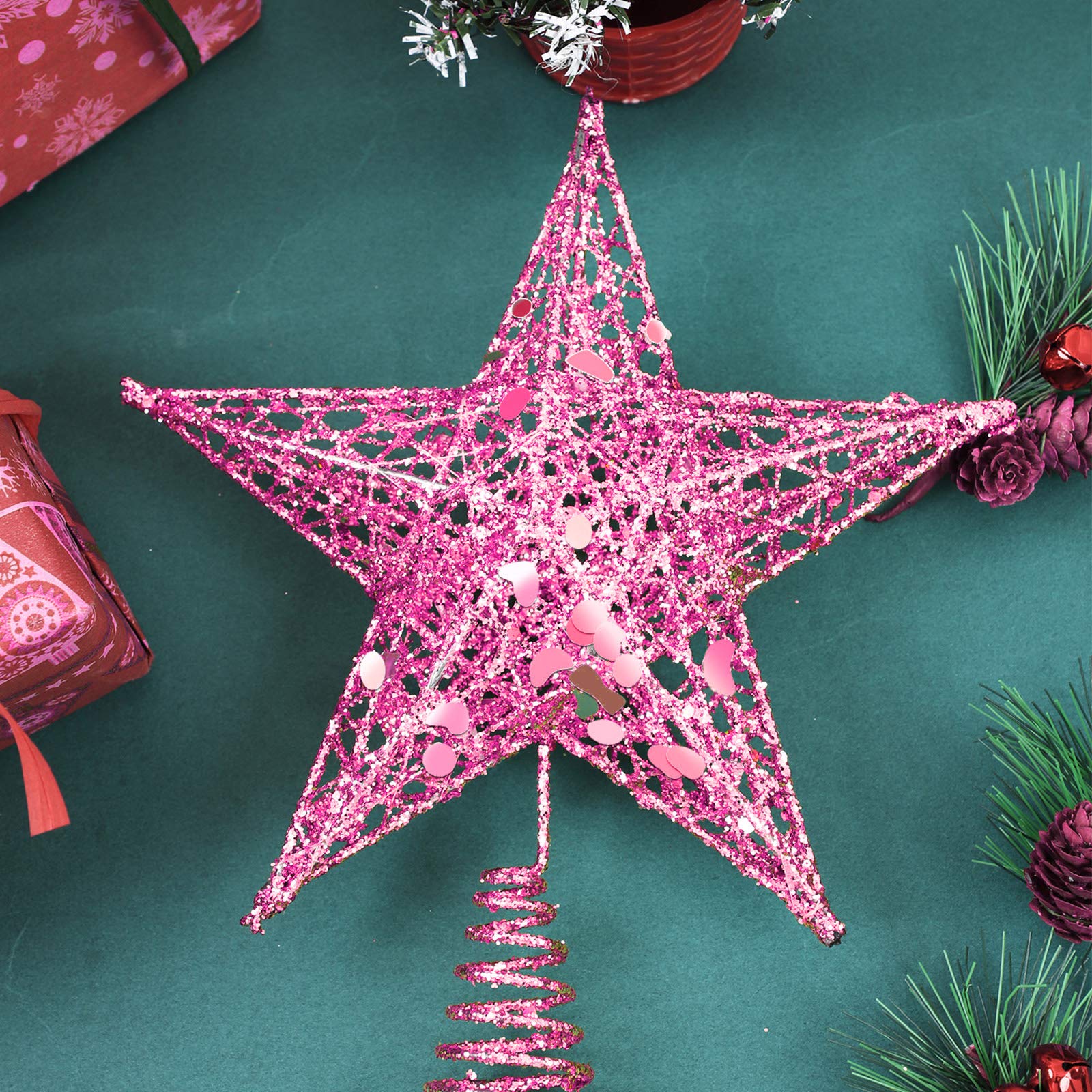 Christmas Tree Topper Pink Star Glittered Metal Cute Holiday
